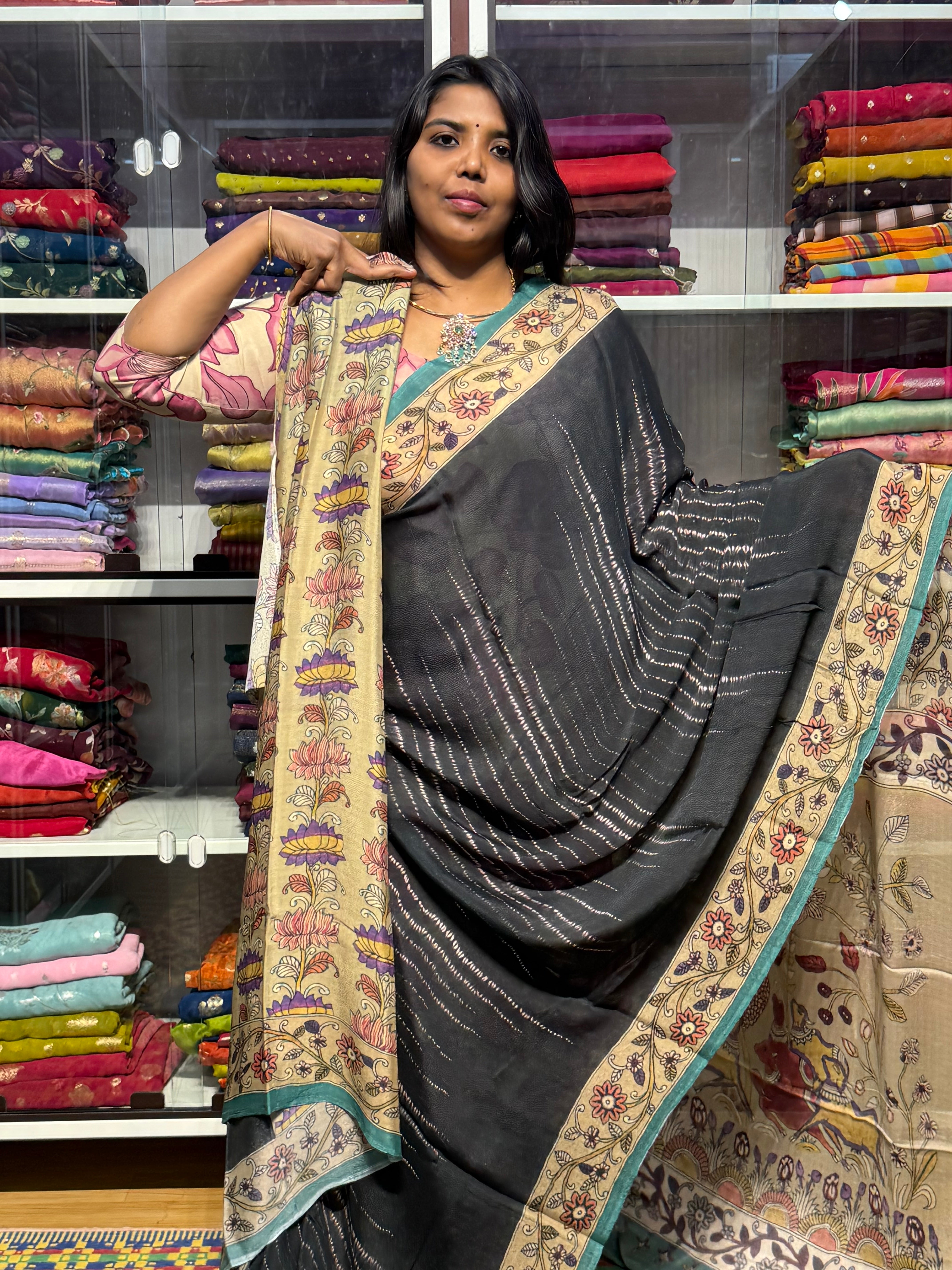 PURE CHIFFON SAREE WITH PENKALAMKARI PALLU AND BLOUSE