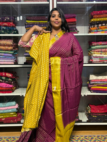 MYSORE SILK SAREE WITH STRIPES: WINE