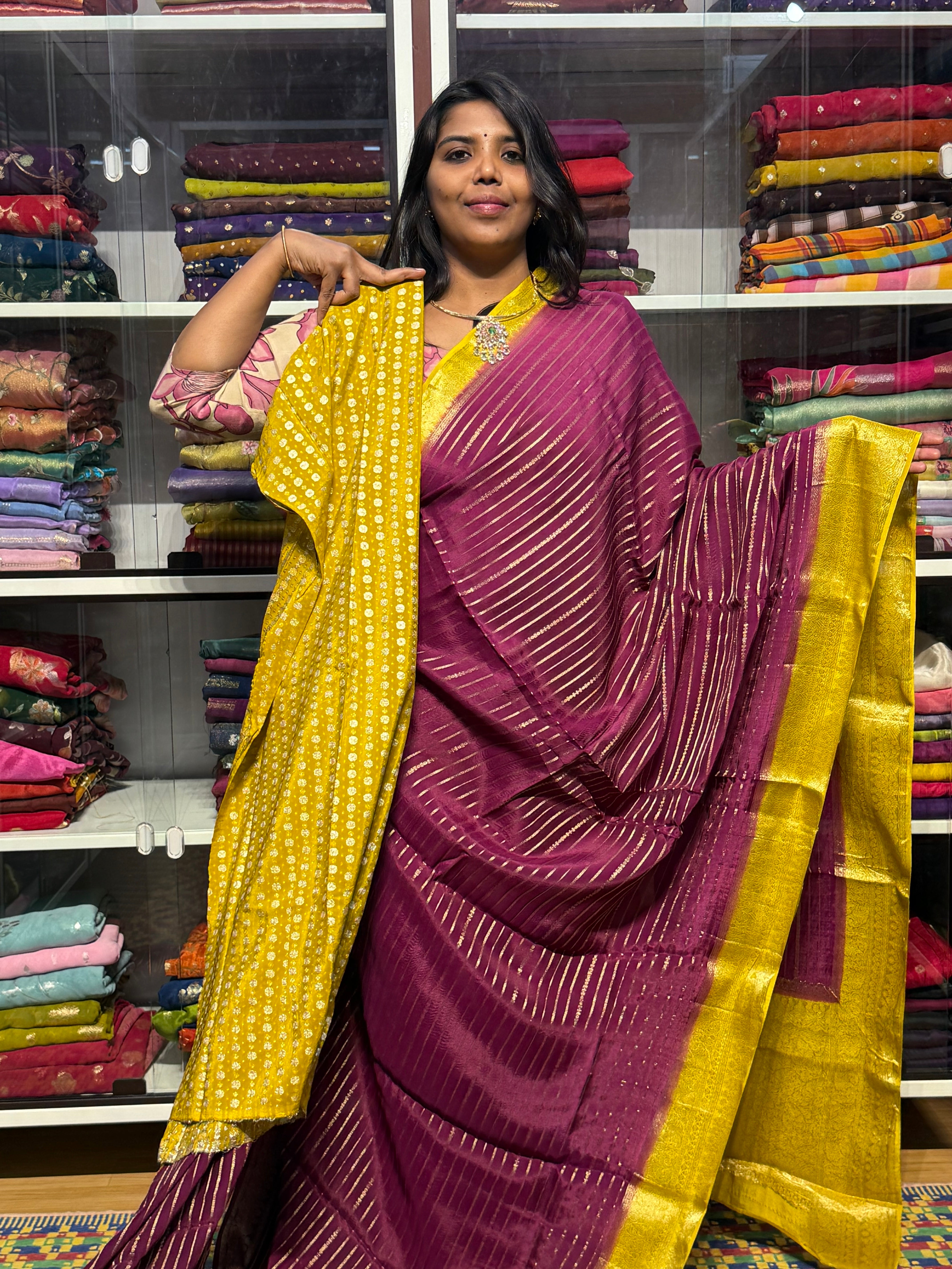 MYSORE SILK SAREE WITH STRIPES: WINE