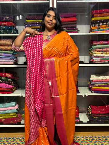 MYSORE SILK SAREE WITH STRIPES: ORANGE