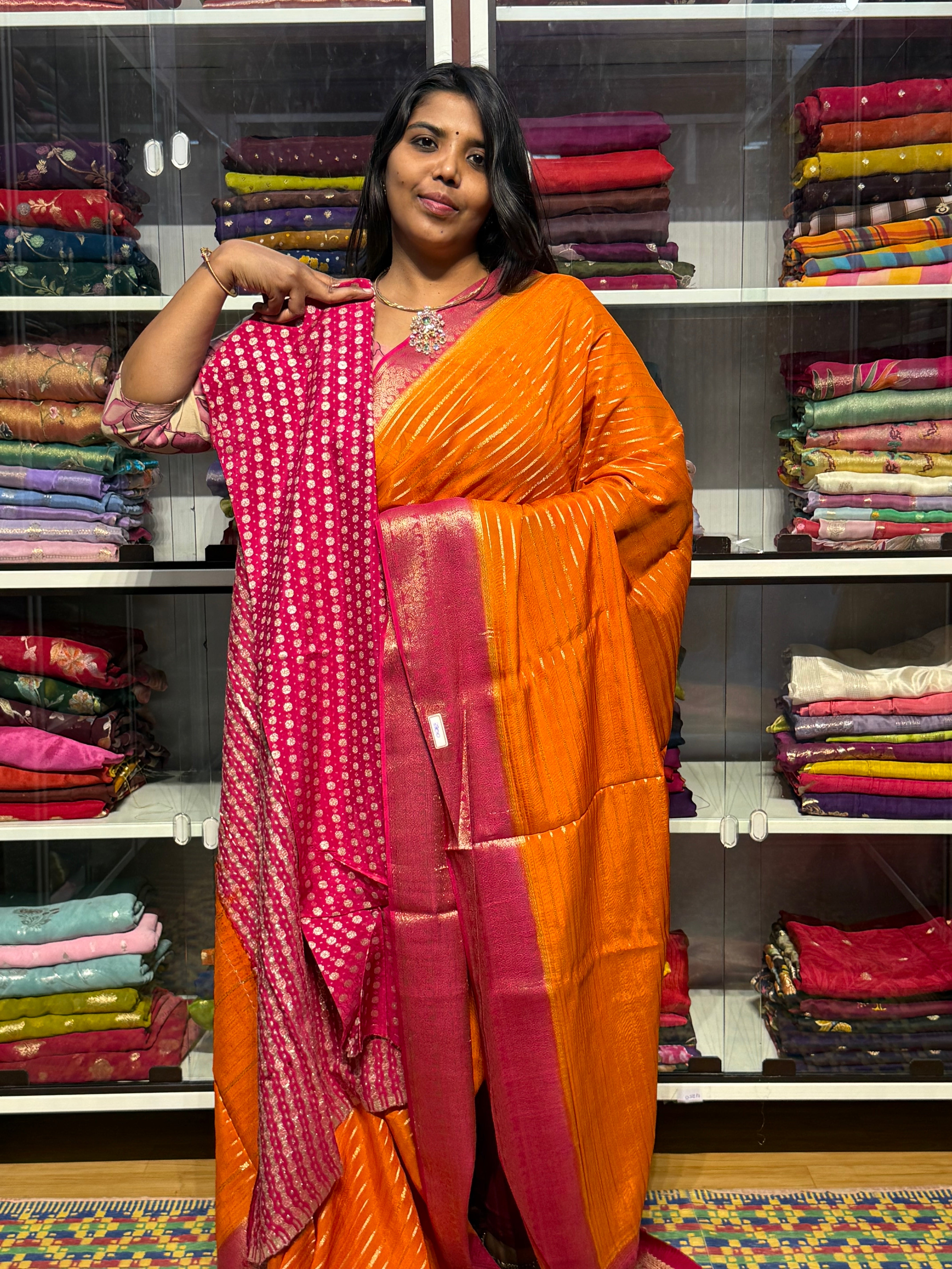 MYSORE SILK SAREE WITH STRIPES: ORANGE
