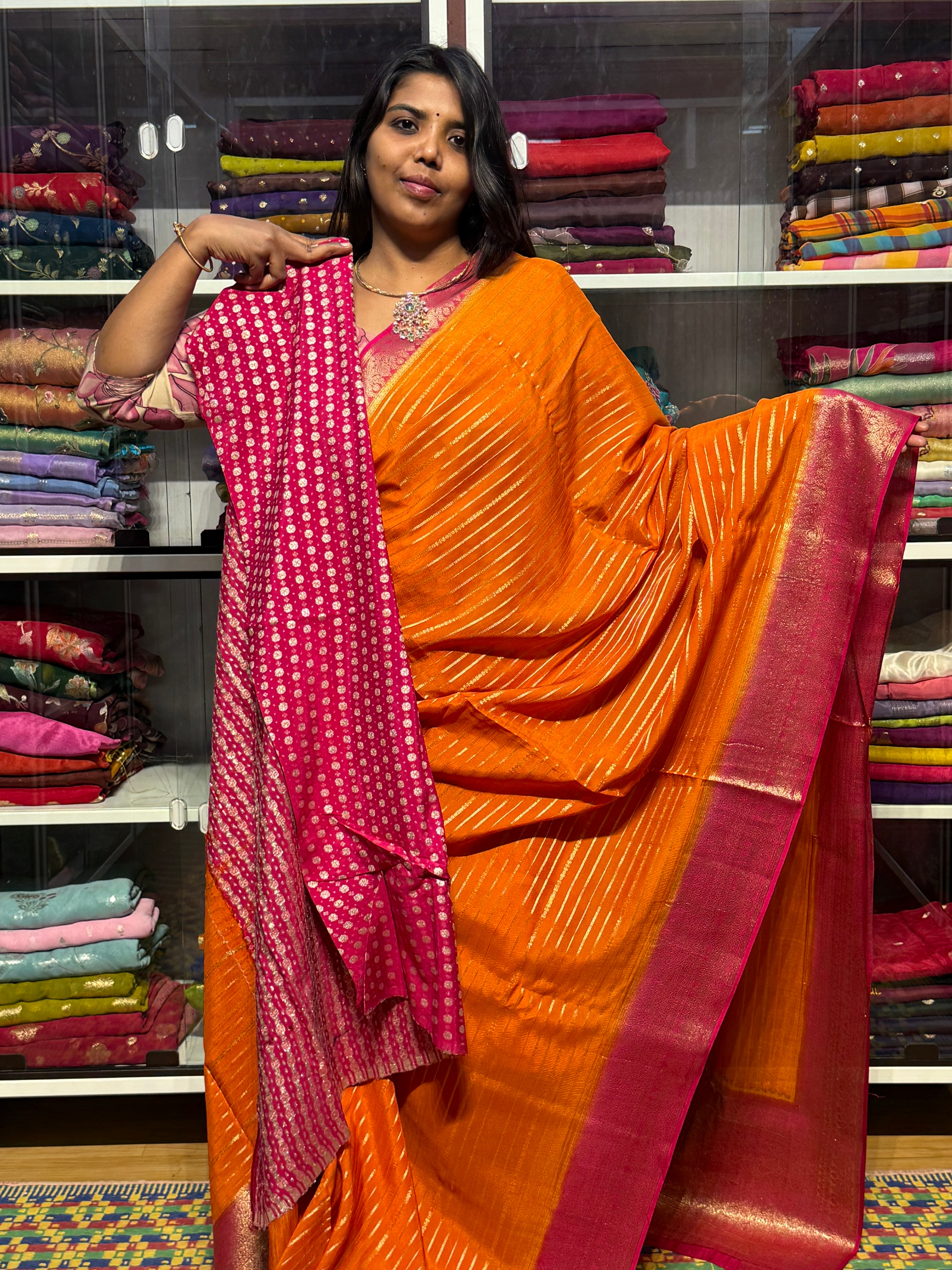 MYSORE SILK SAREE WITH STRIPES: ORANGE
