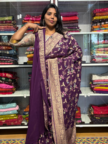 PURE BANARAS KHADDI GEORGETTE SAREE WITH MEENAKARI ALLOVER JAAL : WINE