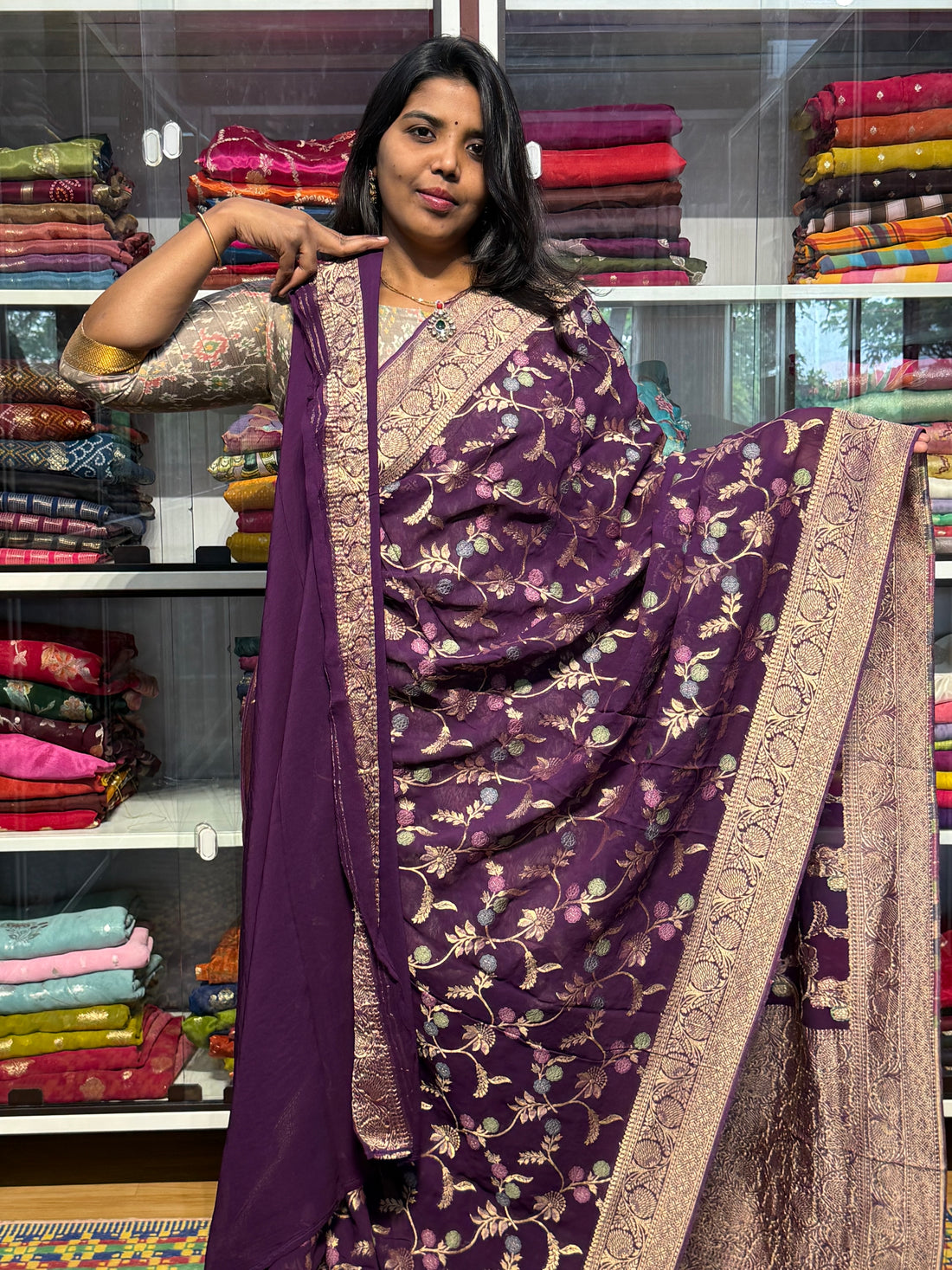 PURE BANARAS KHADDI GEORGETTE SAREE WITH MEENAKARI ALLOVER JAAL : WINE