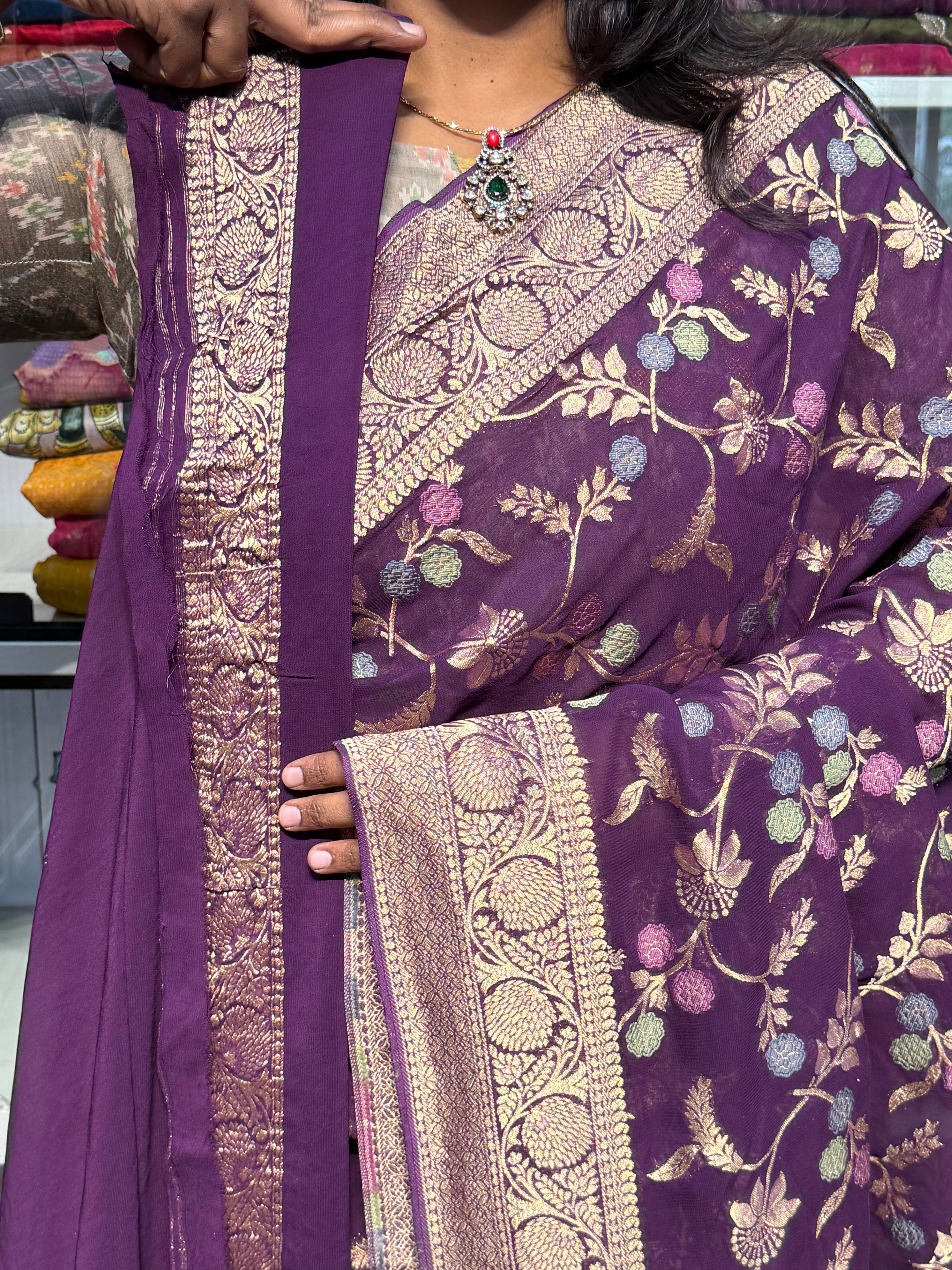 PURE BANARAS KHADDI GEORGETTE SAREE WITH MEENAKARI ALLOVER JAAL : WINE