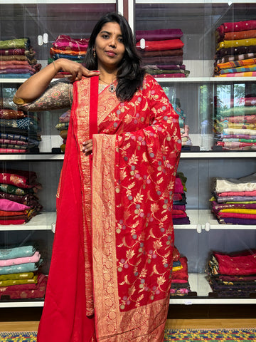 PURE BANARAS KHADDI GEORGETTE WITH MEENAKARI ALLOVER JAAL: RED