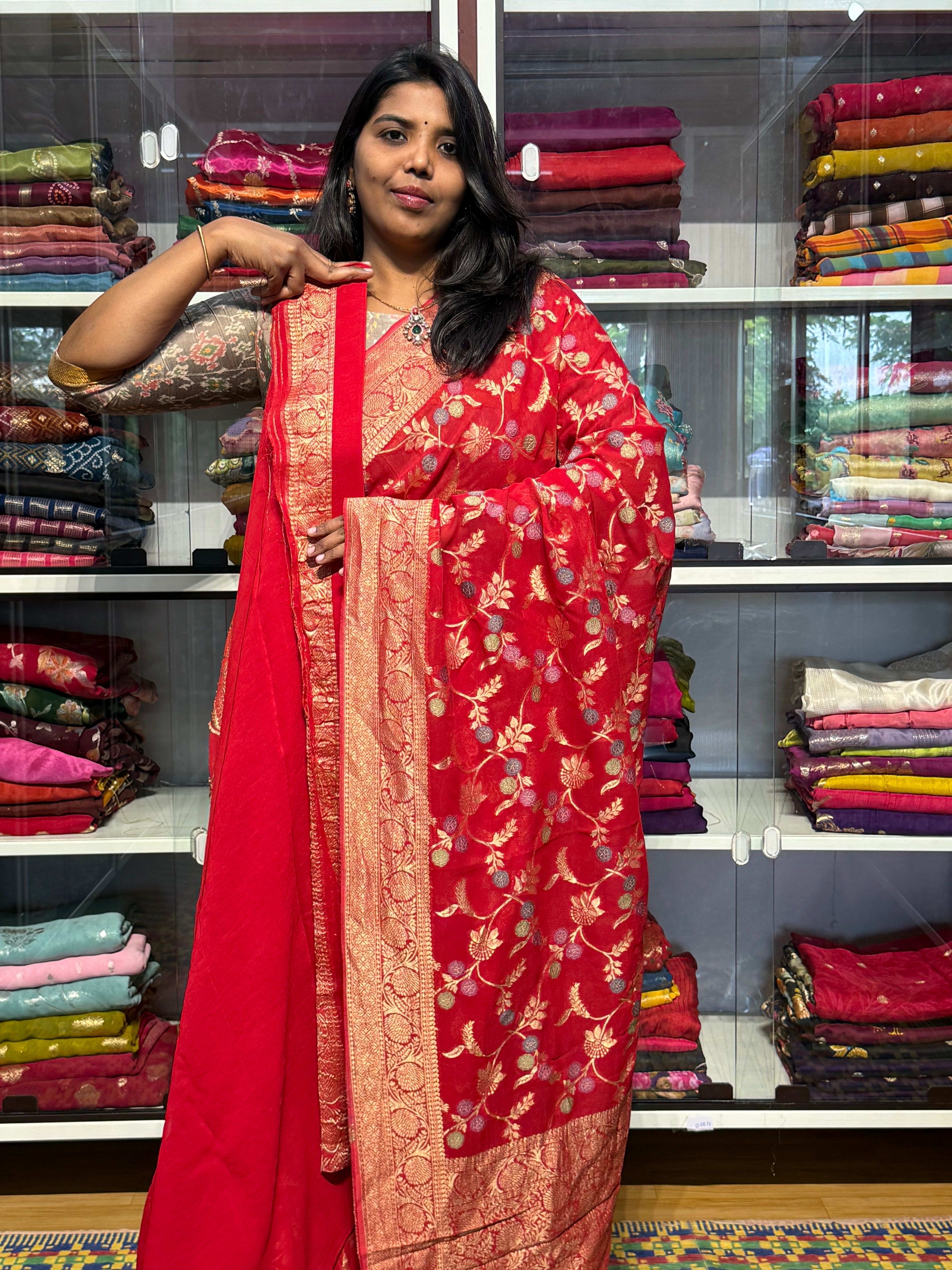 PURE BANARAS KHADDI GEORGETTE WITH MEENAKARI ALLOVER JAAL: RED