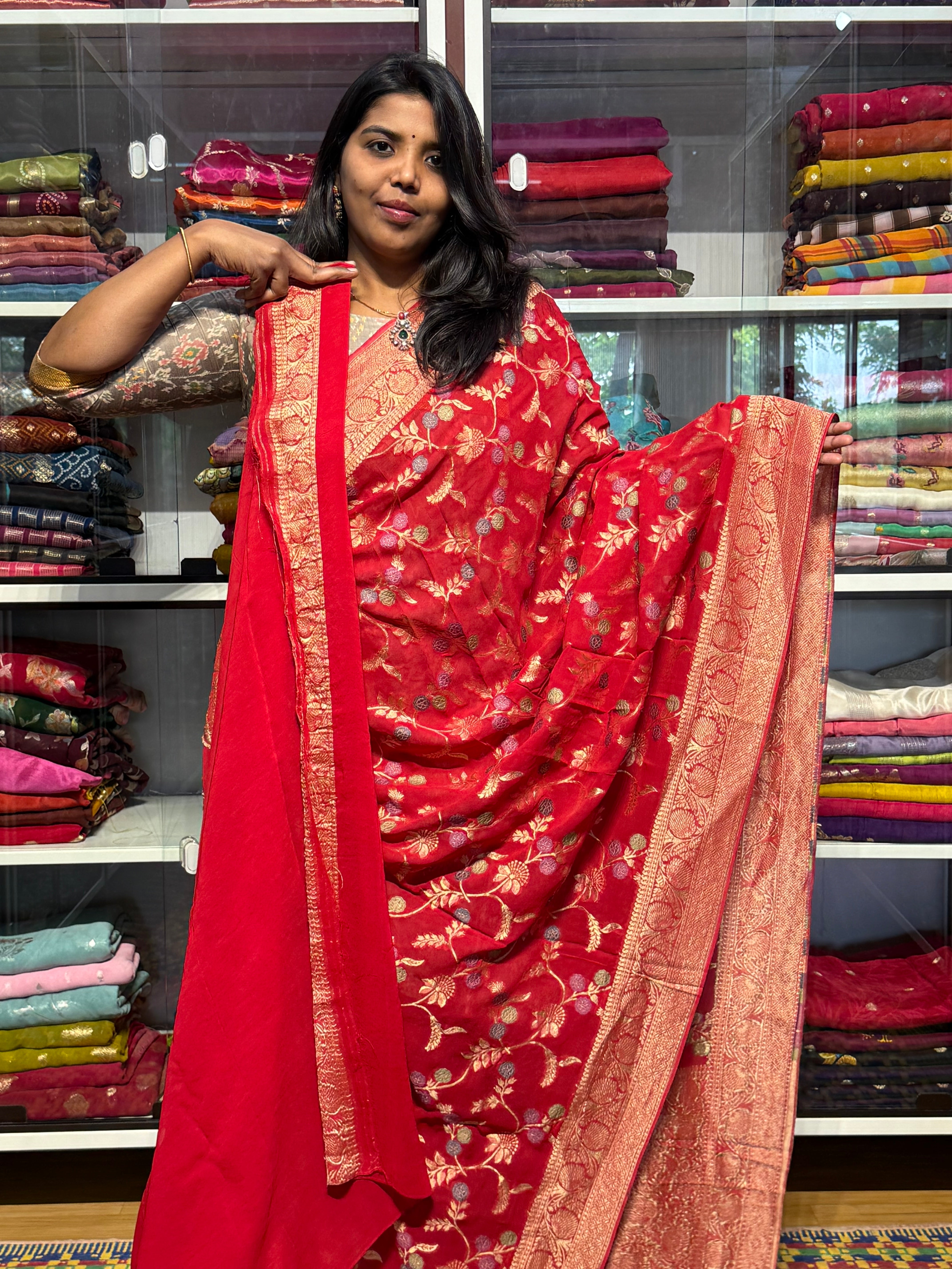 PURE BANARAS KHADDI GEORGETTE WITH MEENAKARI ALLOVER JAAL: RED