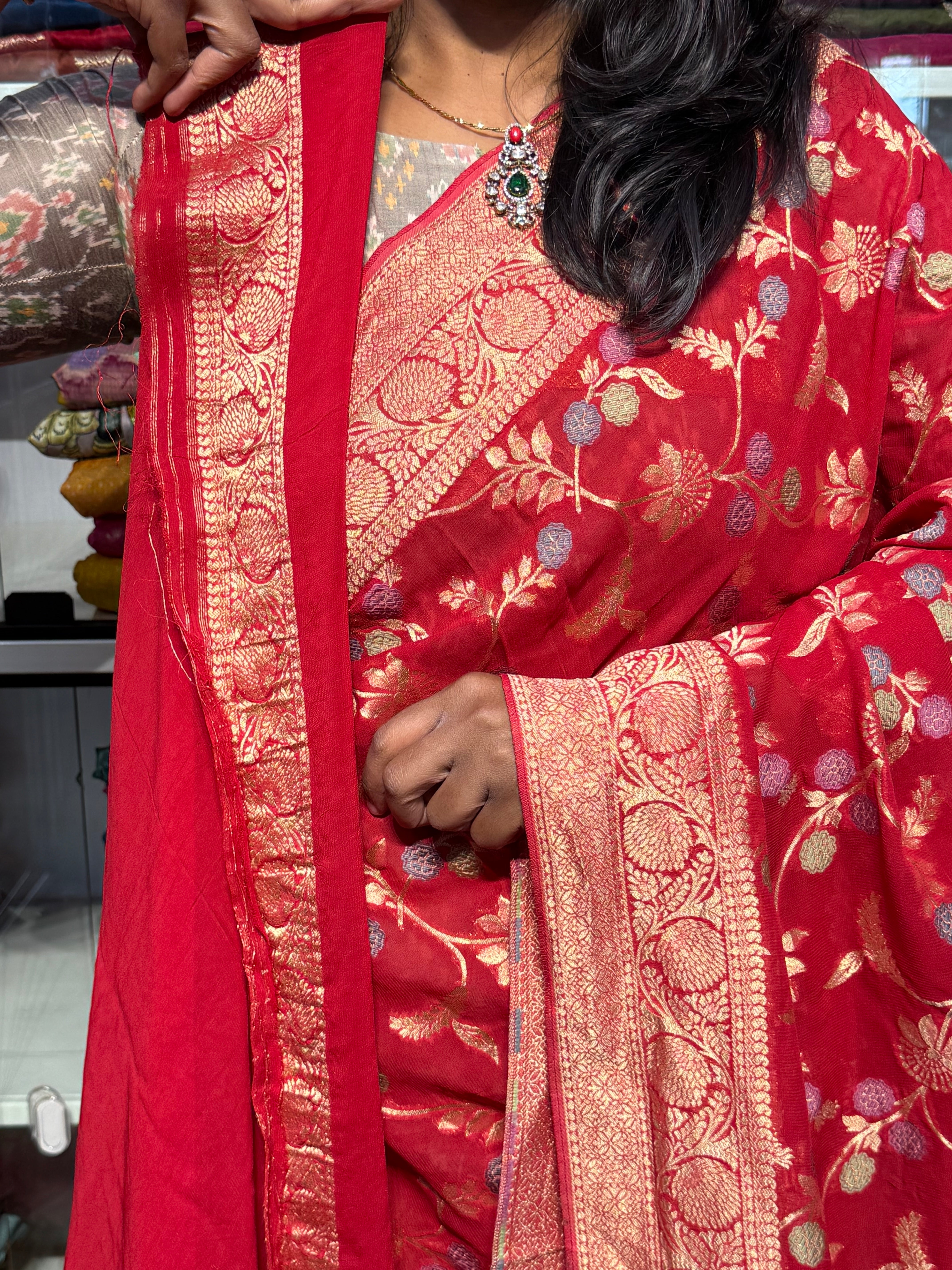 PURE BANARAS KHADDI GEORGETTE WITH MEENAKARI ALLOVER JAAL: RED