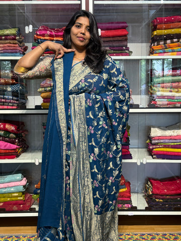 PURE BANARAS KHADDI GEORGETTE WITH MEENAKARI ALLOVER JAAL: GERMAN BLUE