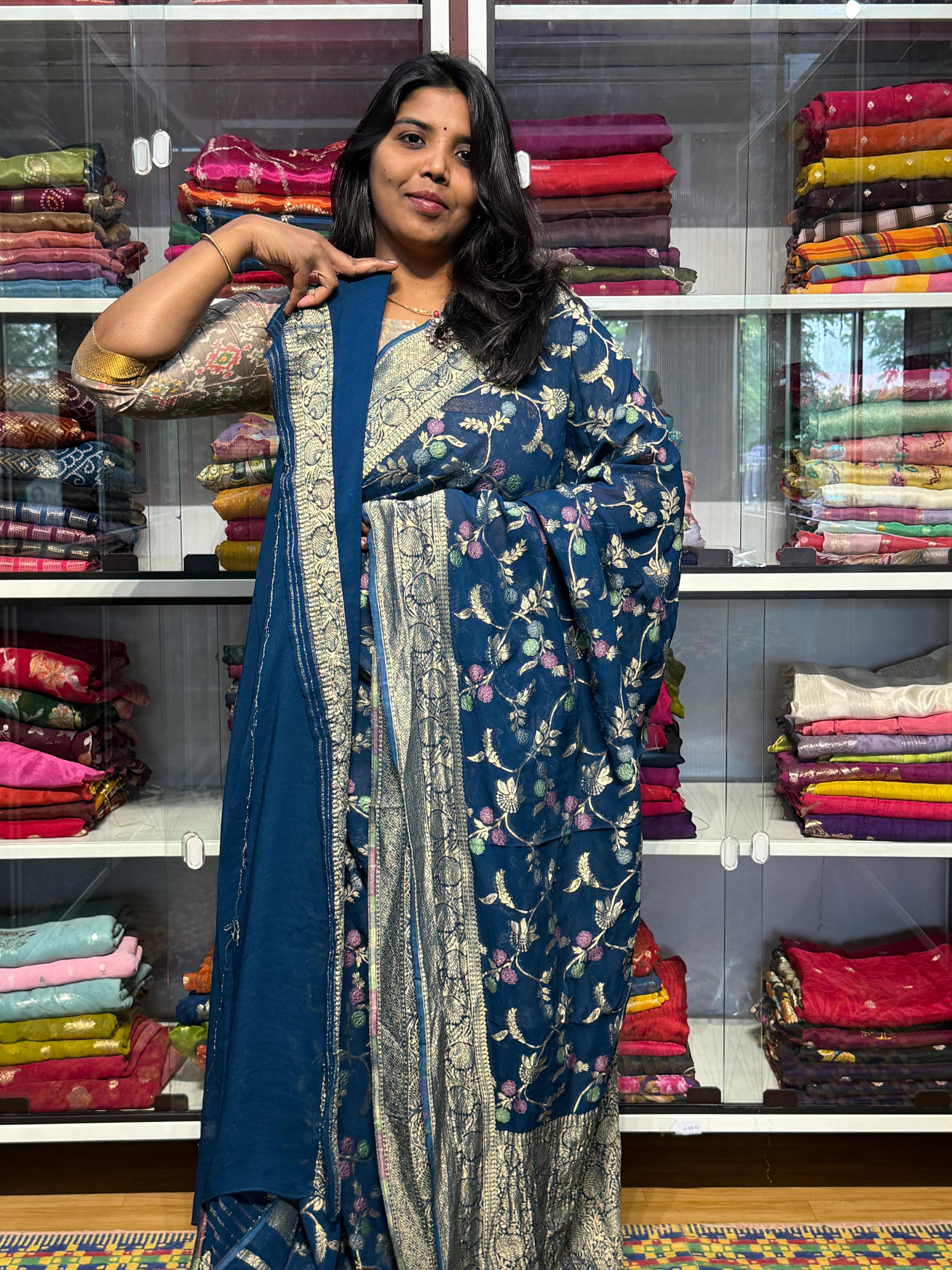 PURE BANARAS KHADDI GEORGETTE WITH MEENAKARI ALLOVER JAAL: GERMAN BLUE