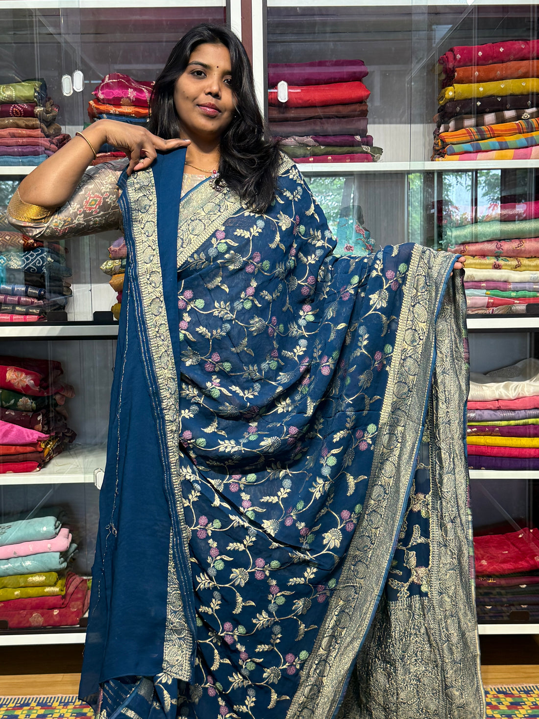 PURE BANARAS KHADDI GEORGETTE WITH MEENAKARI ALLOVER JAAL: GERMAN BLUE