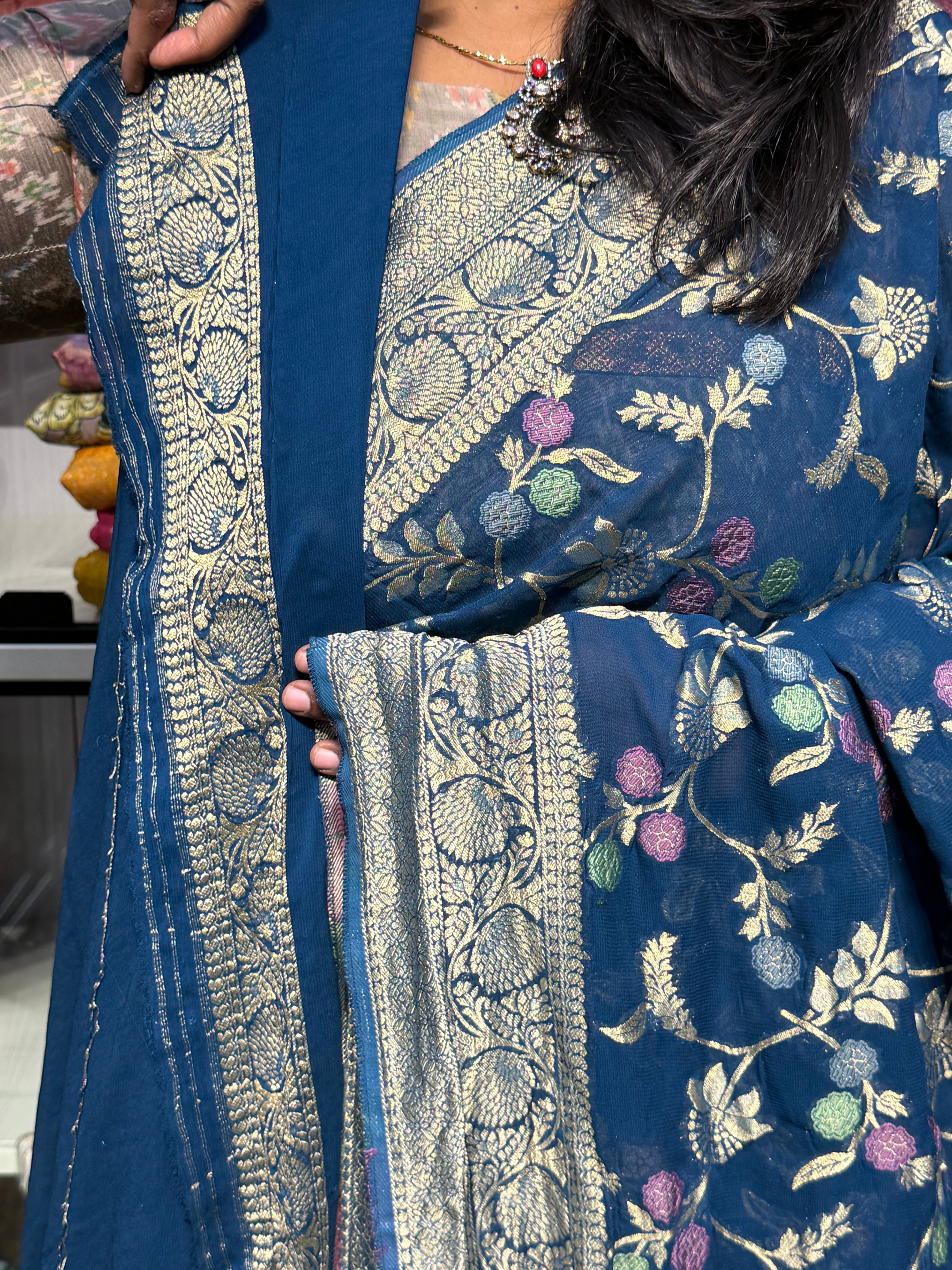 PURE BANARAS KHADDI GEORGETTE WITH MEENAKARI ALLOVER JAAL: GERMAN BLUE