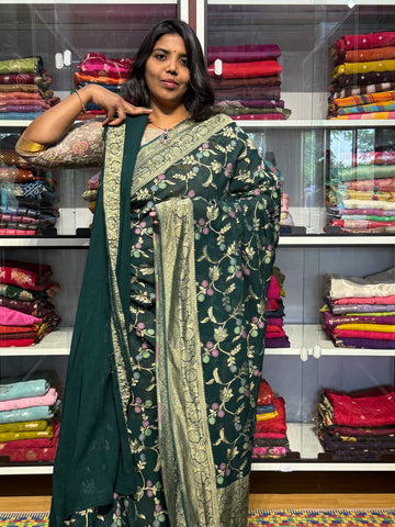 PURE BANARAS KHADDI GEORGETTE WITH MEENAKARI ALLOVER JAAL: GREEN