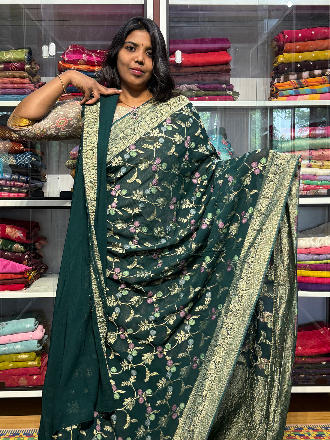 PURE BANARAS KHADDI GEORGETTE WITH MEENAKARI ALLOVER JAAL: GREEN