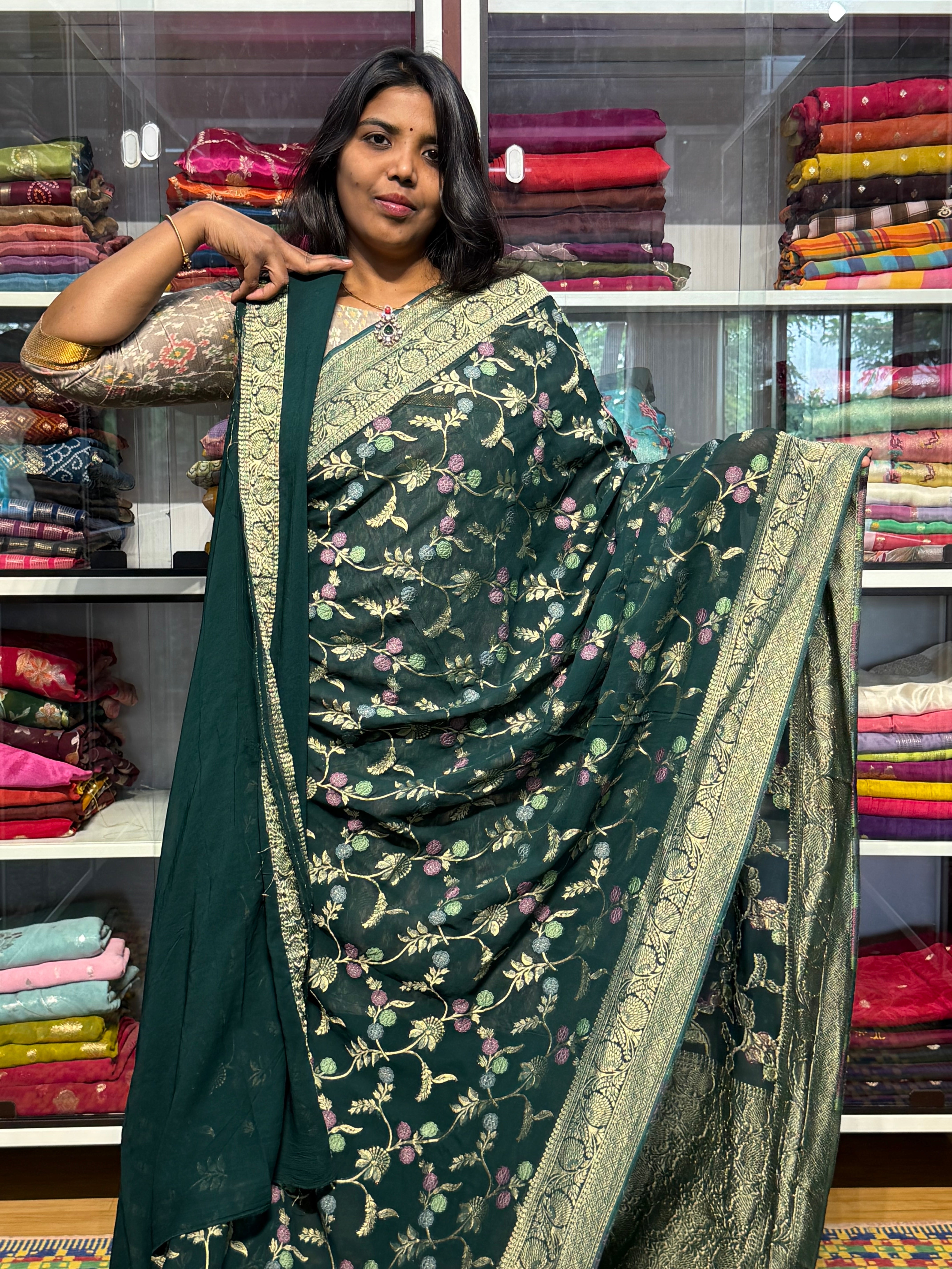 PURE BANARAS KHADDI GEORGETTE WITH MEENAKARI ALLOVER JAAL: GREEN