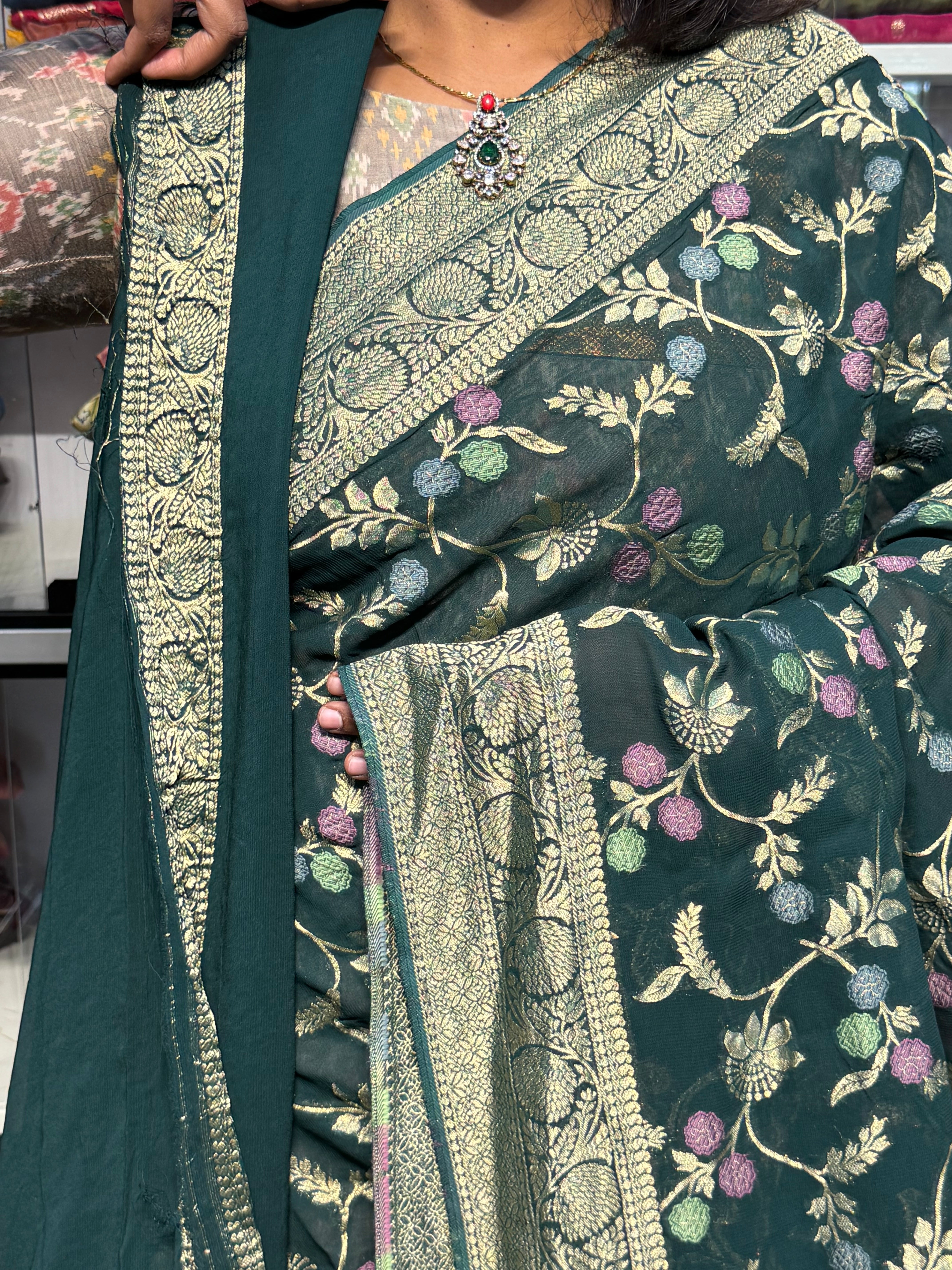 PURE BANARAS KHADDI GEORGETTE WITH MEENAKARI ALLOVER JAAL: GREEN