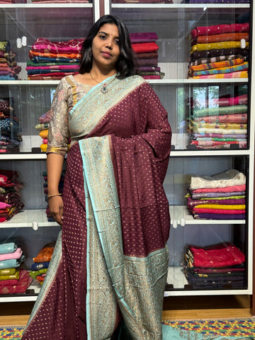 PURE BANARAS KHADDI CREPE SILK WITH ANTIQUE ZARI AND HEAVY JAAL BLOUSE: CHOCLATE BROWN