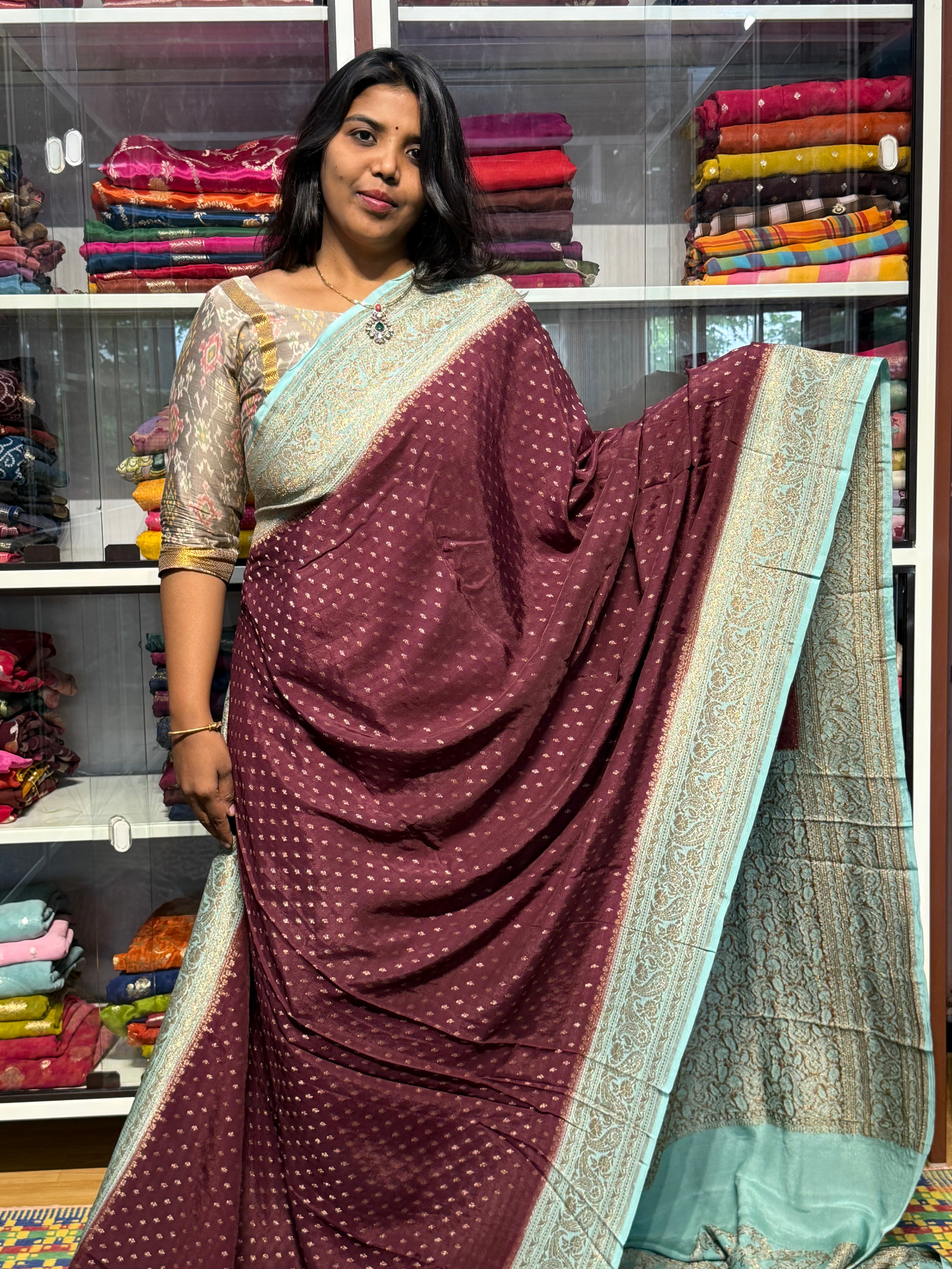 PURE BANARAS KHADDI CREPE SILK WITH ANTIQUE ZARI AND HEAVY JAAL BLOUSE: CHOCLATE BROWN