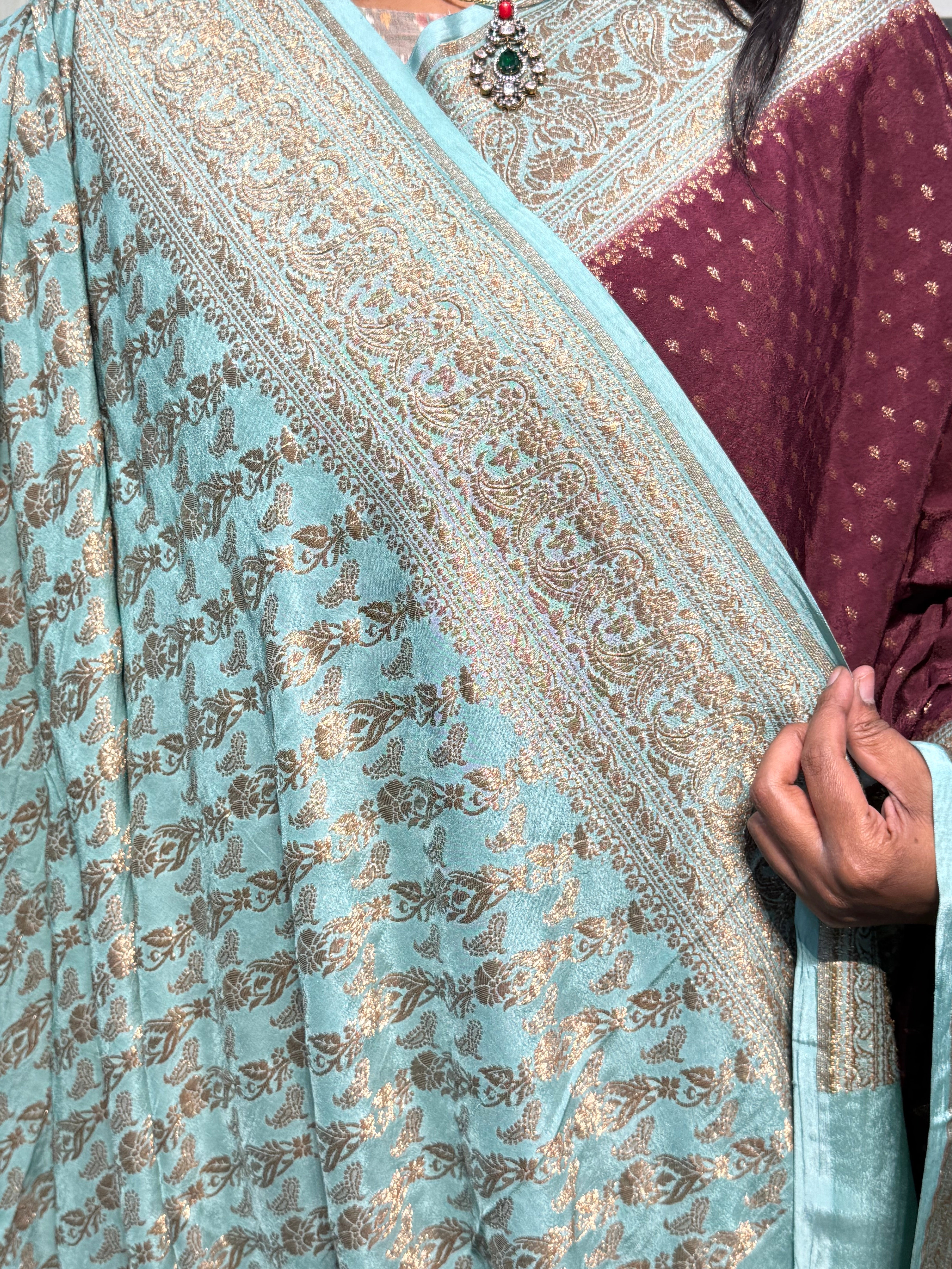 PURE BANARAS KHADDI CREPE SILK WITH ANTIQUE ZARI AND HEAVY JAAL BLOUSE: CHOCLATE BROWN