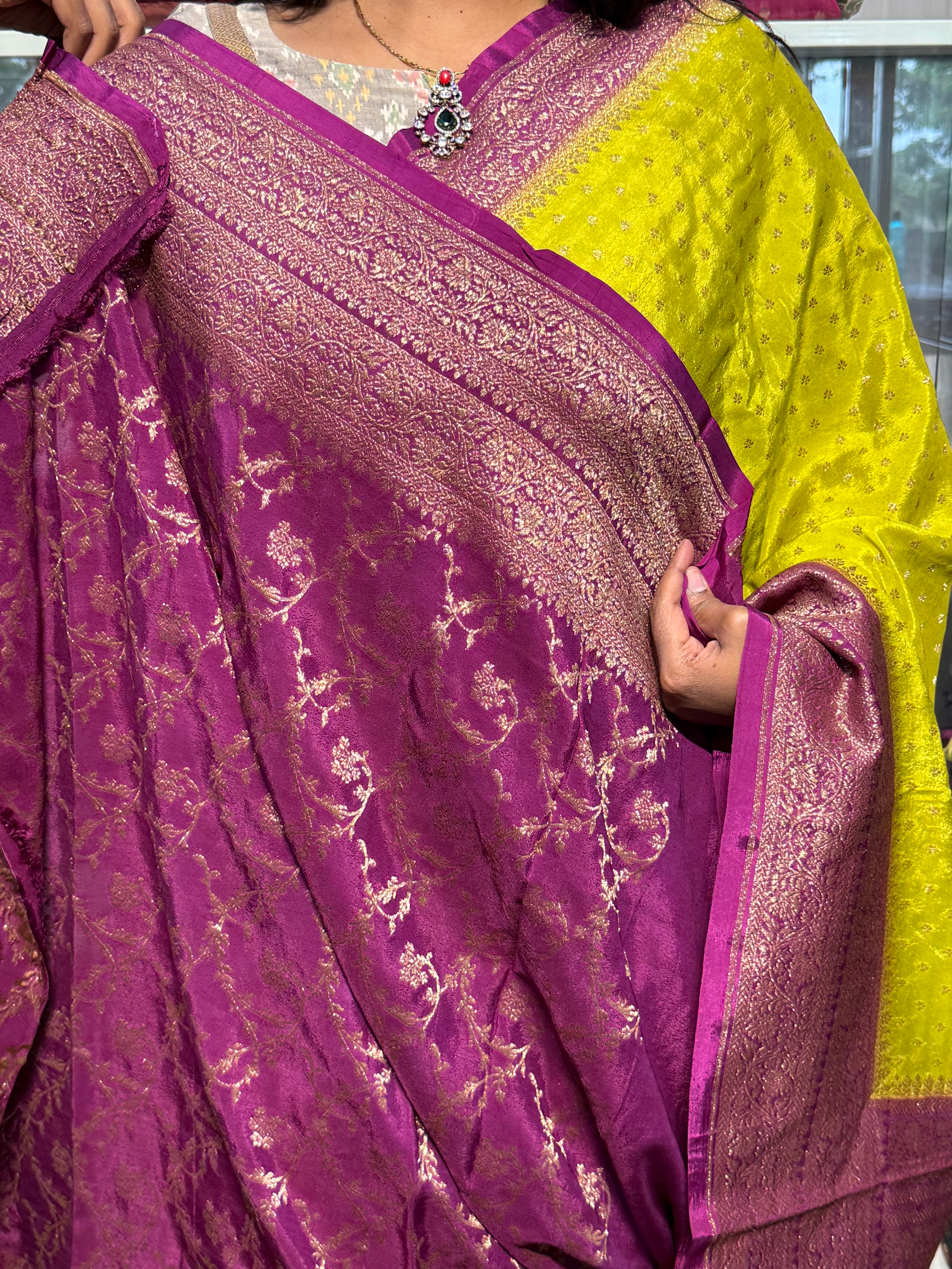 PURE BANARAS KHADDI CREPE SILK WITH ANTIQUE ZARI AND HEAVY JAAL BLOUSE: DEVADASI GREEN