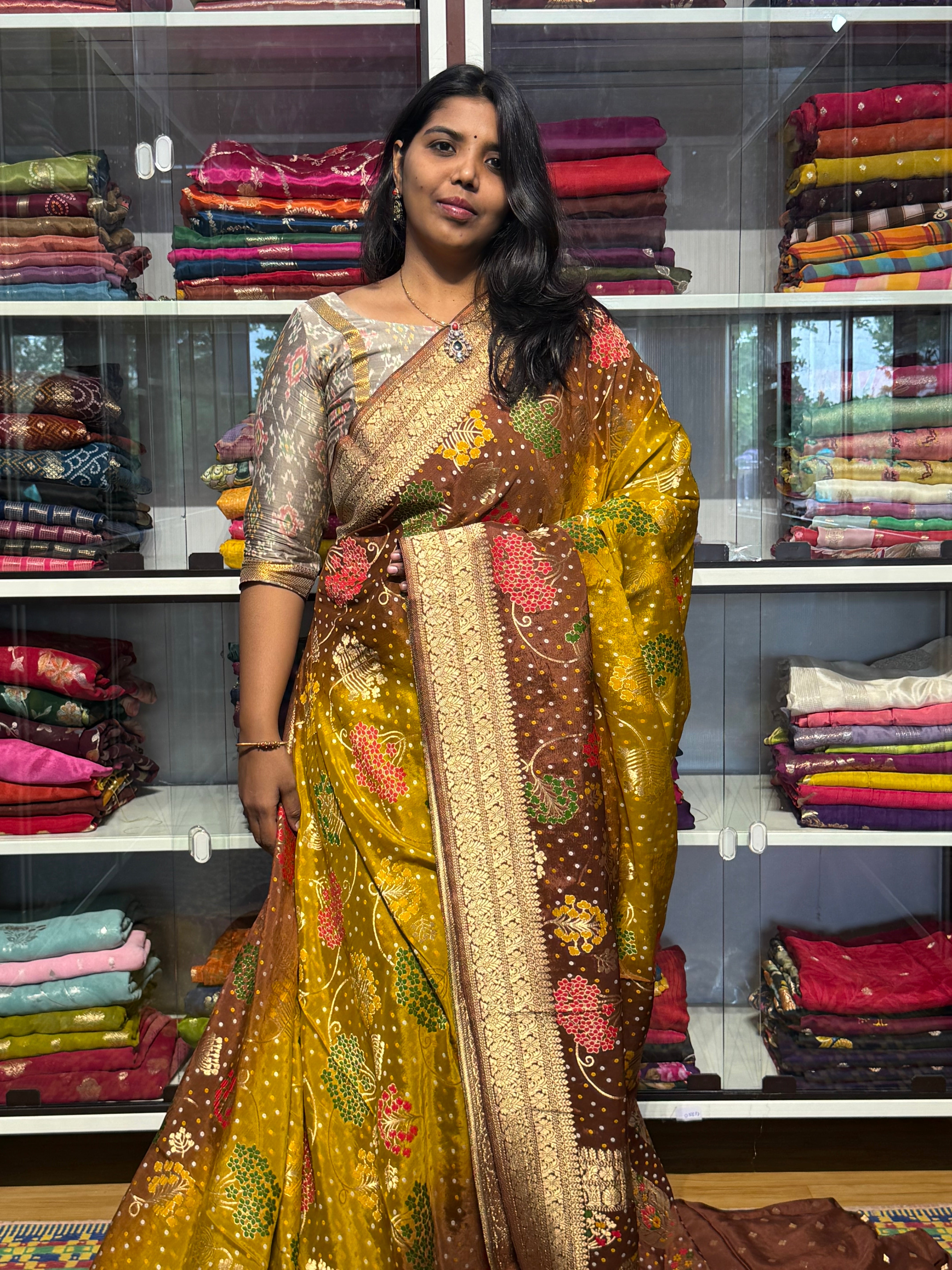 PURE CHINON SILK WITH BANDIN I MEENAKARI WEAVING: YELLOW