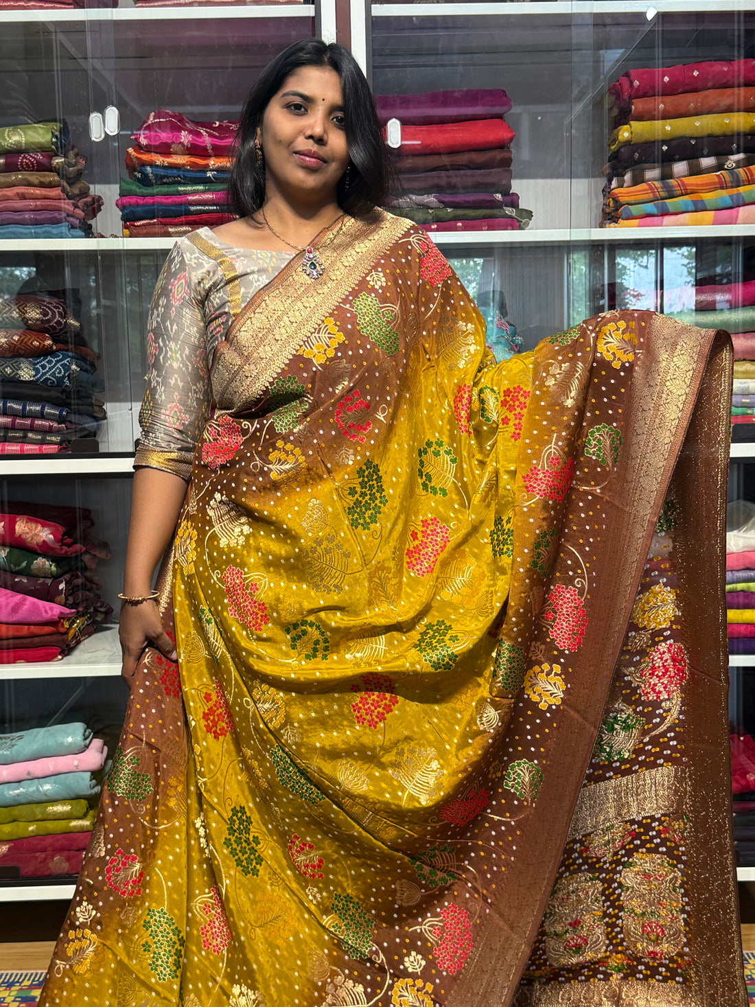 PURE CHINON SILK WITH BANDIN I MEENAKARI WEAVING: YELLOW