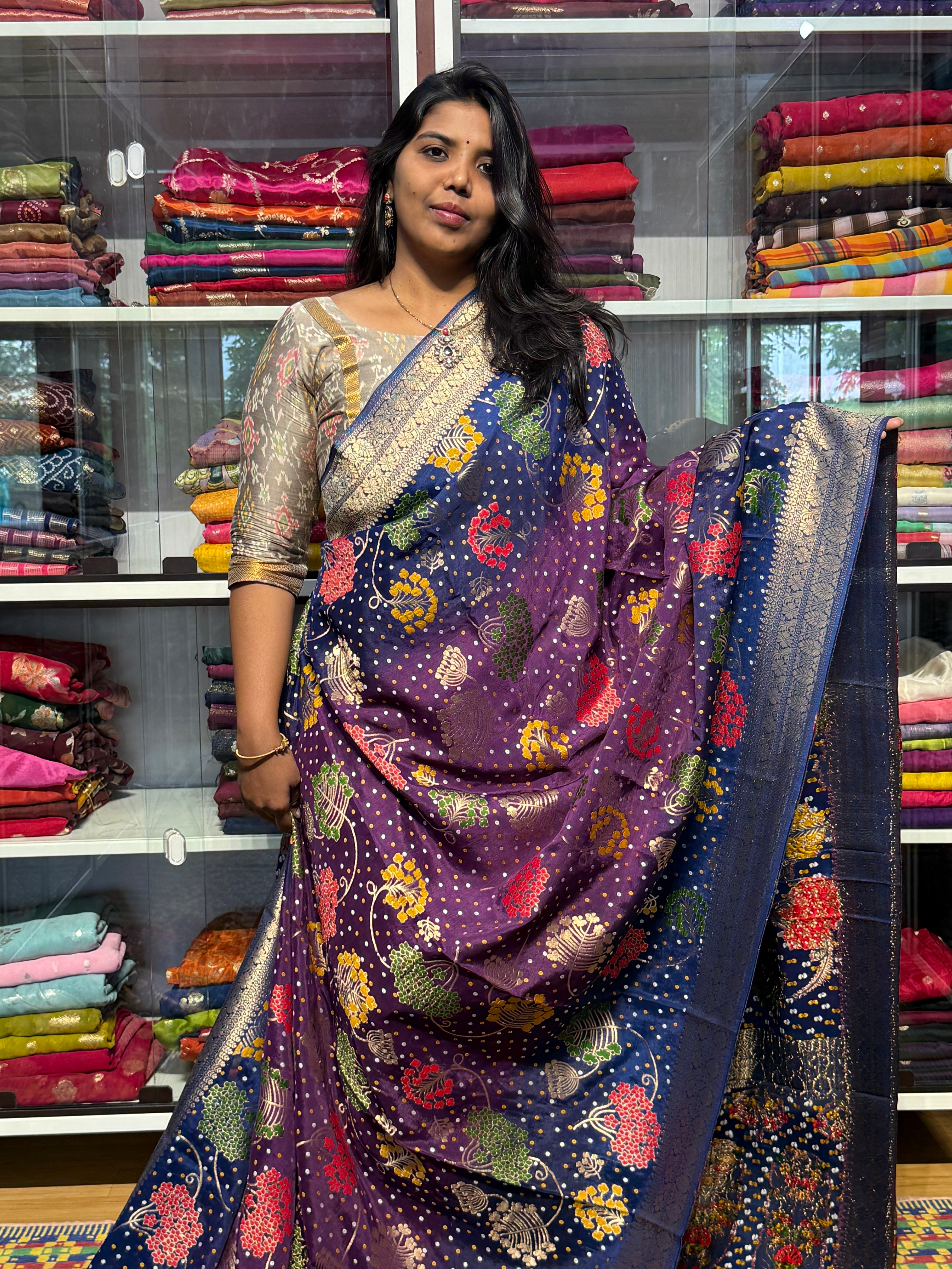 PURE CHINON SILK WITH BANDINI MEENAKARI WEAVING: PURPLE