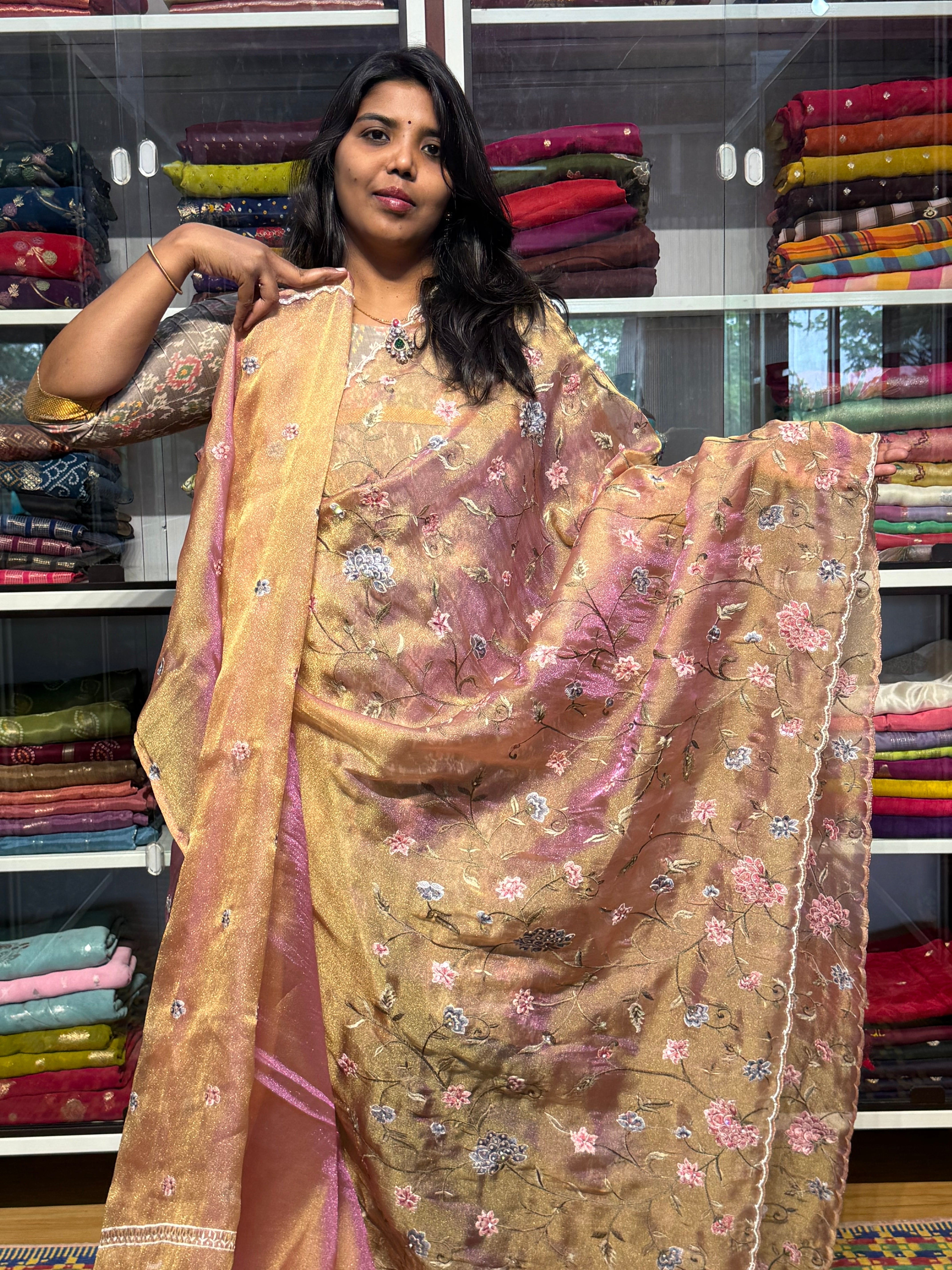 GLASS TISSUE WITH EMBROIDERY ALLOVER AND HAND SCALLOP WORK: METALLIC PINK