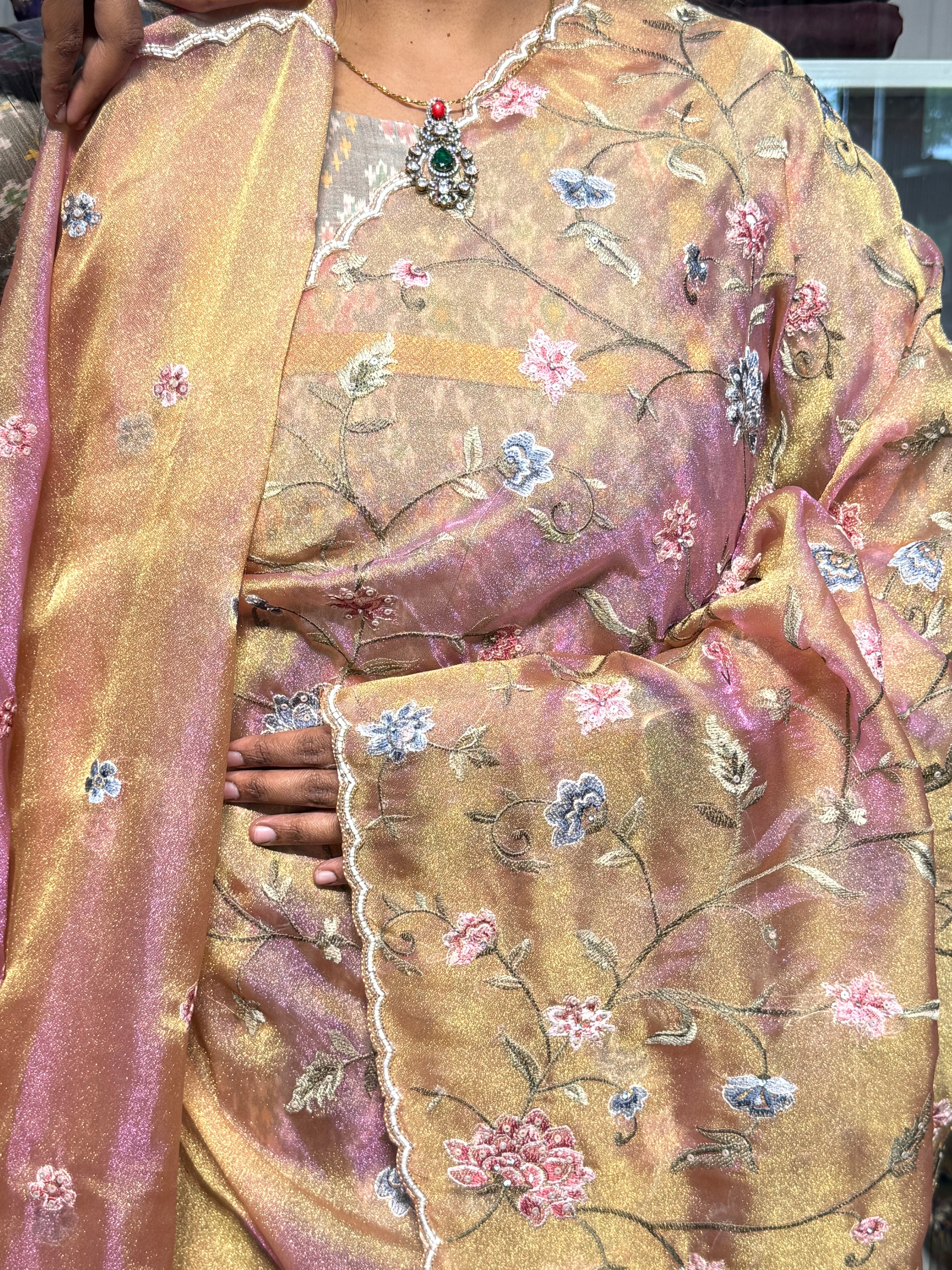 GLASS TISSUE WITH EMBROIDERY ALLOVER AND HAND SCALLOP WORK: METALLIC PINK
