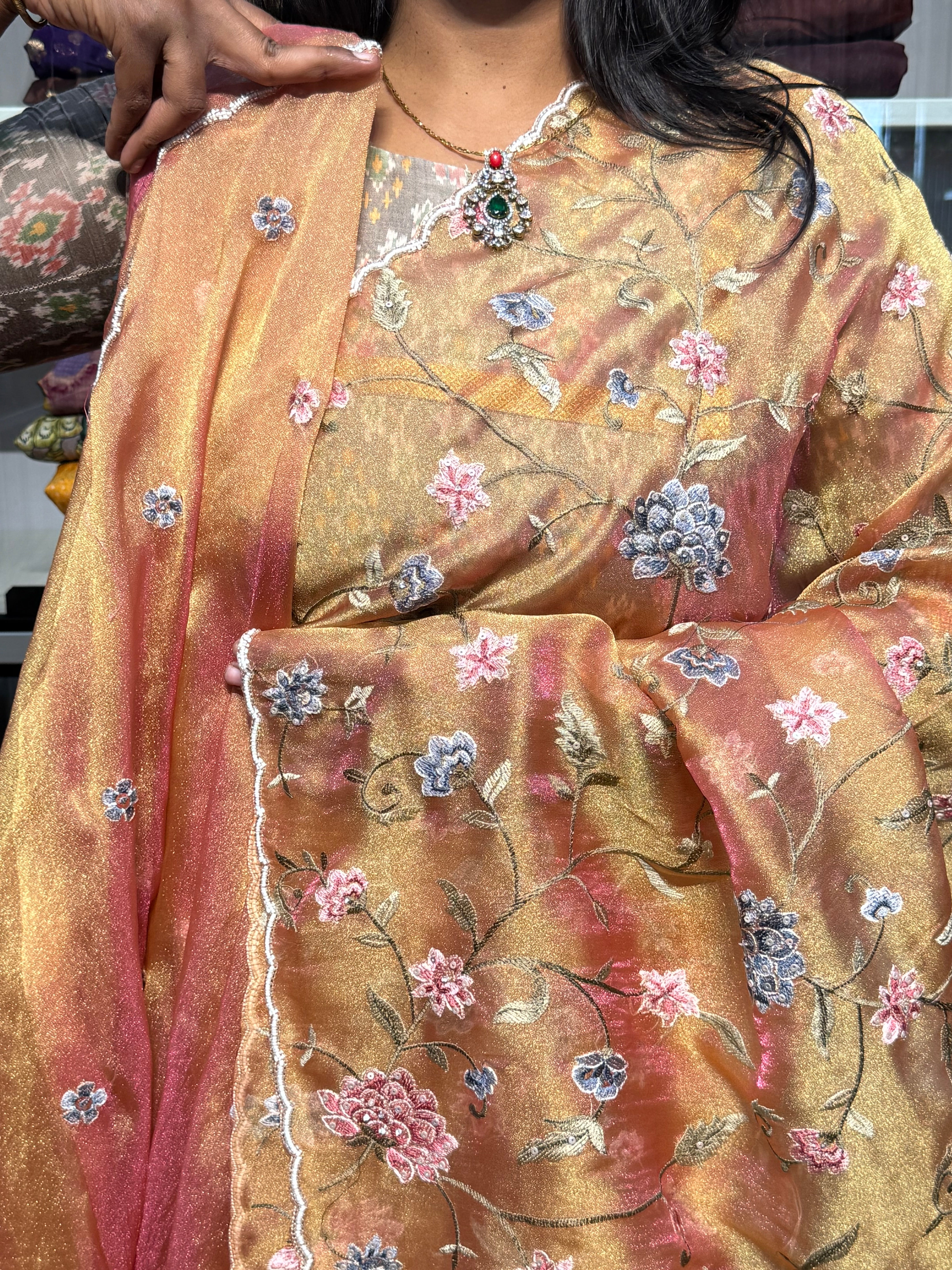 GLASS TISSUE WITH EMBROIDERY ALLOVER AND HAND SCALLOP WORK: METALLIC PINK