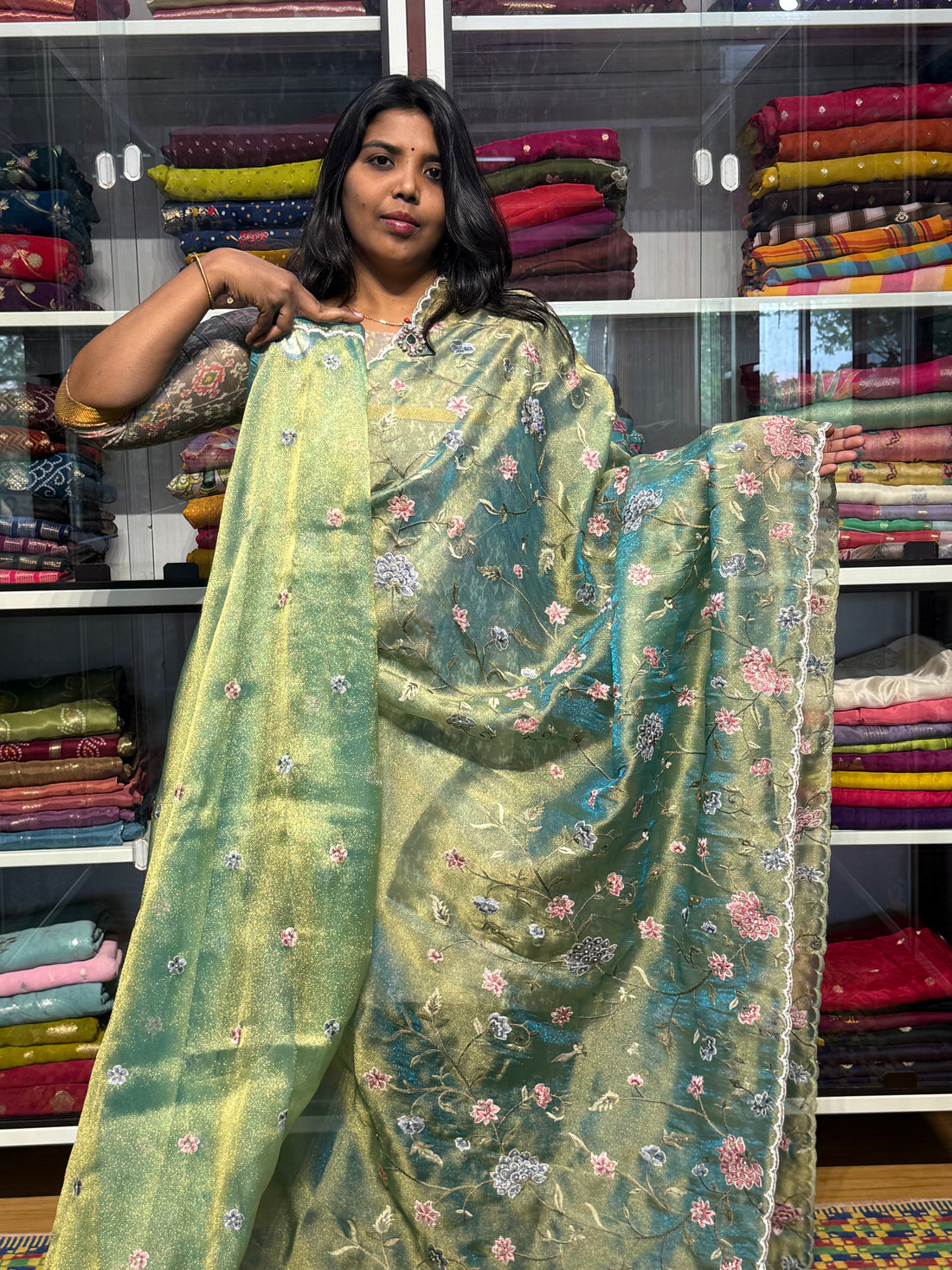 GLASS TISSUE WITH EMBROIDERY ALLOVER AND HAND SCALLOP WORK: METALLIC SEAGREEN