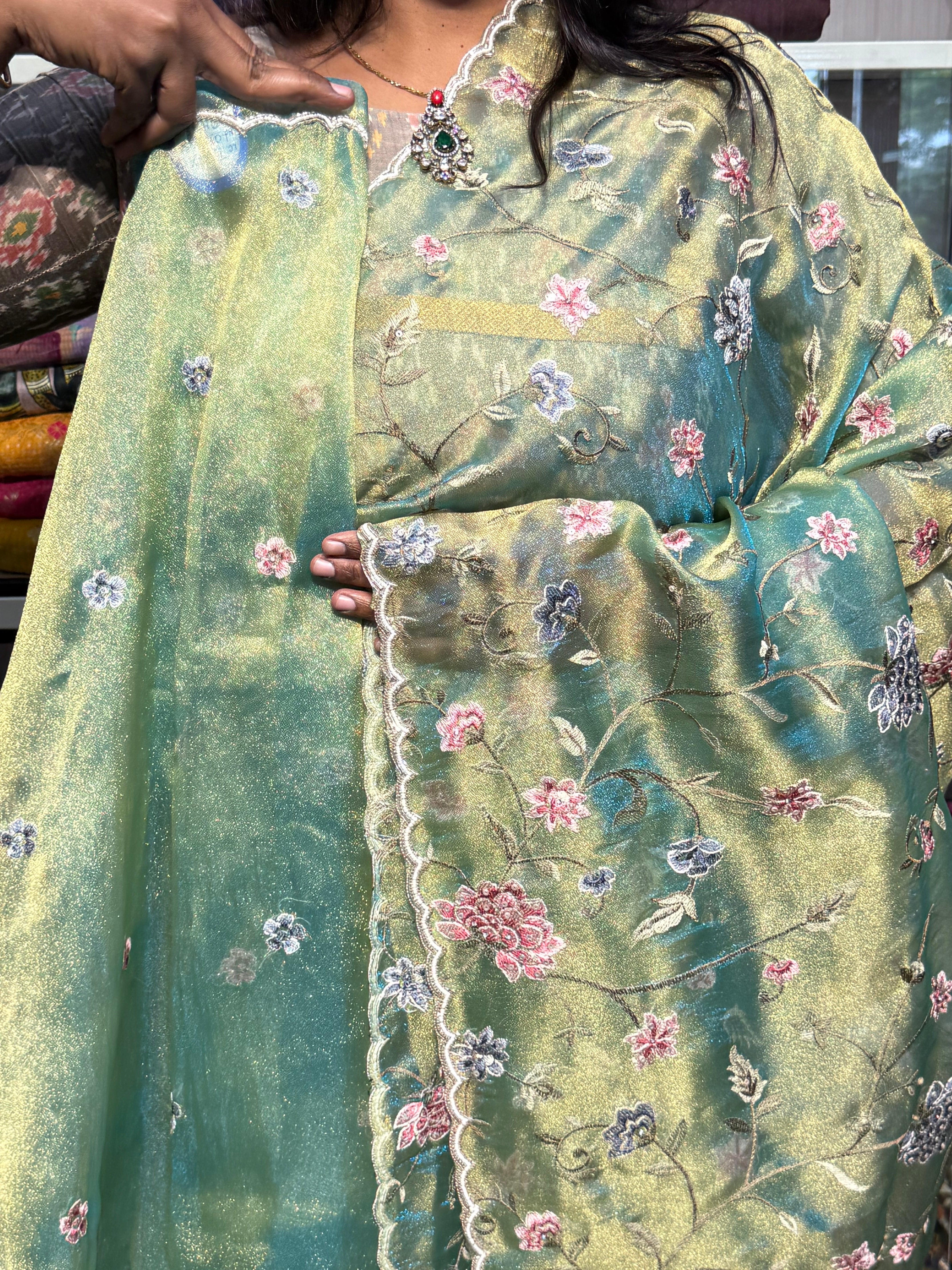 GLASS TISSUE WITH EMBROIDERY ALLOVER AND HAND SCALLOP WORK: METALLIC SEAGREEN