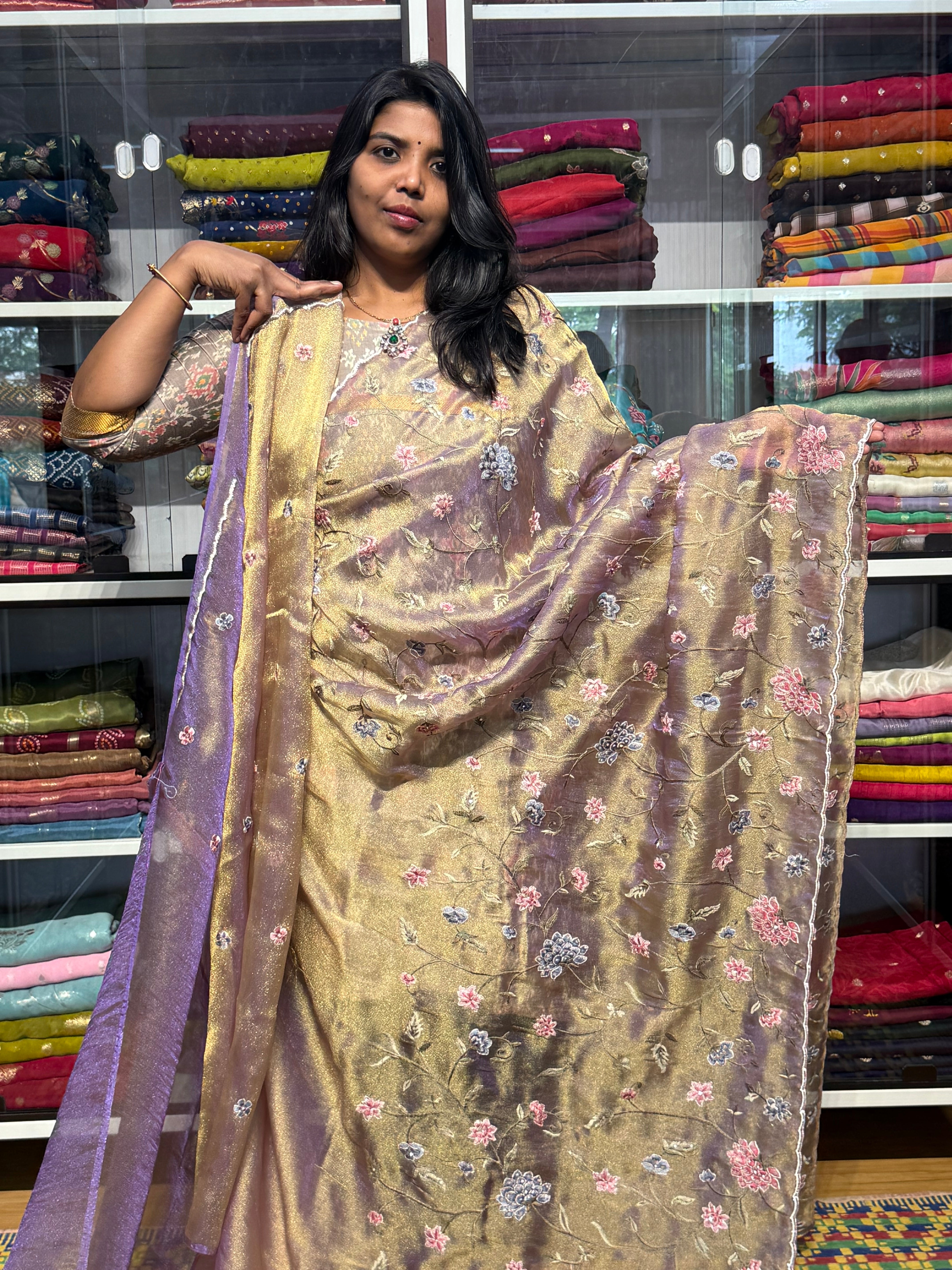 GLASS TISSUE WITH EMBROIDERY ALLOVER AND HAND SCALLOP WORK: METALLIC LAVENDER