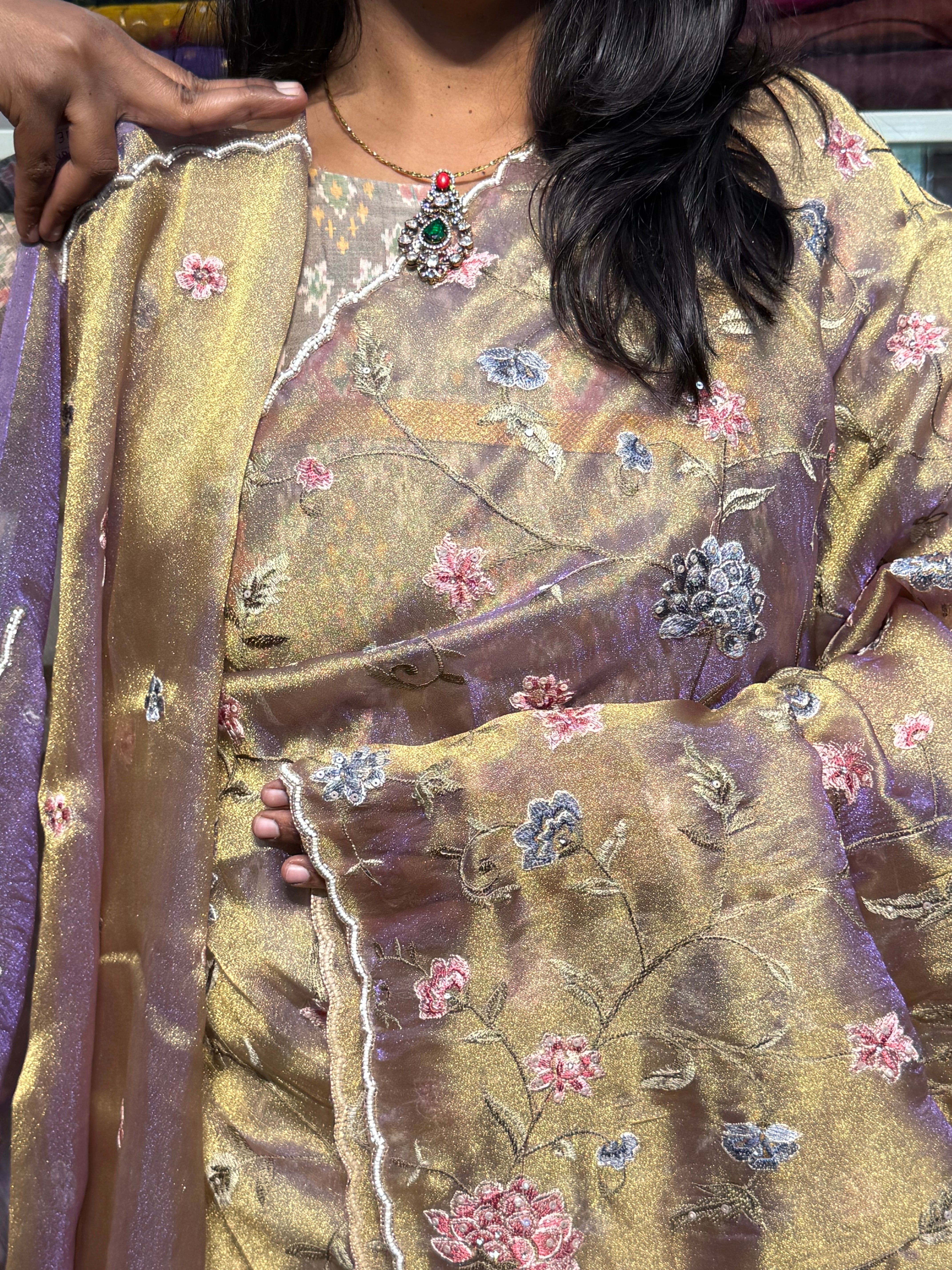 GLASS TISSUE WITH EMBROIDERY ALLOVER AND HAND SCALLOP WORK: METALLIC LAVENDER
