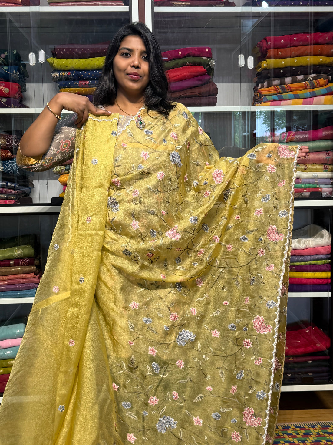 GLASS TISSUE WITH EMBROIDERY ALLOVER AND HAND SCALLOP WORK: METALLIC YELLOW