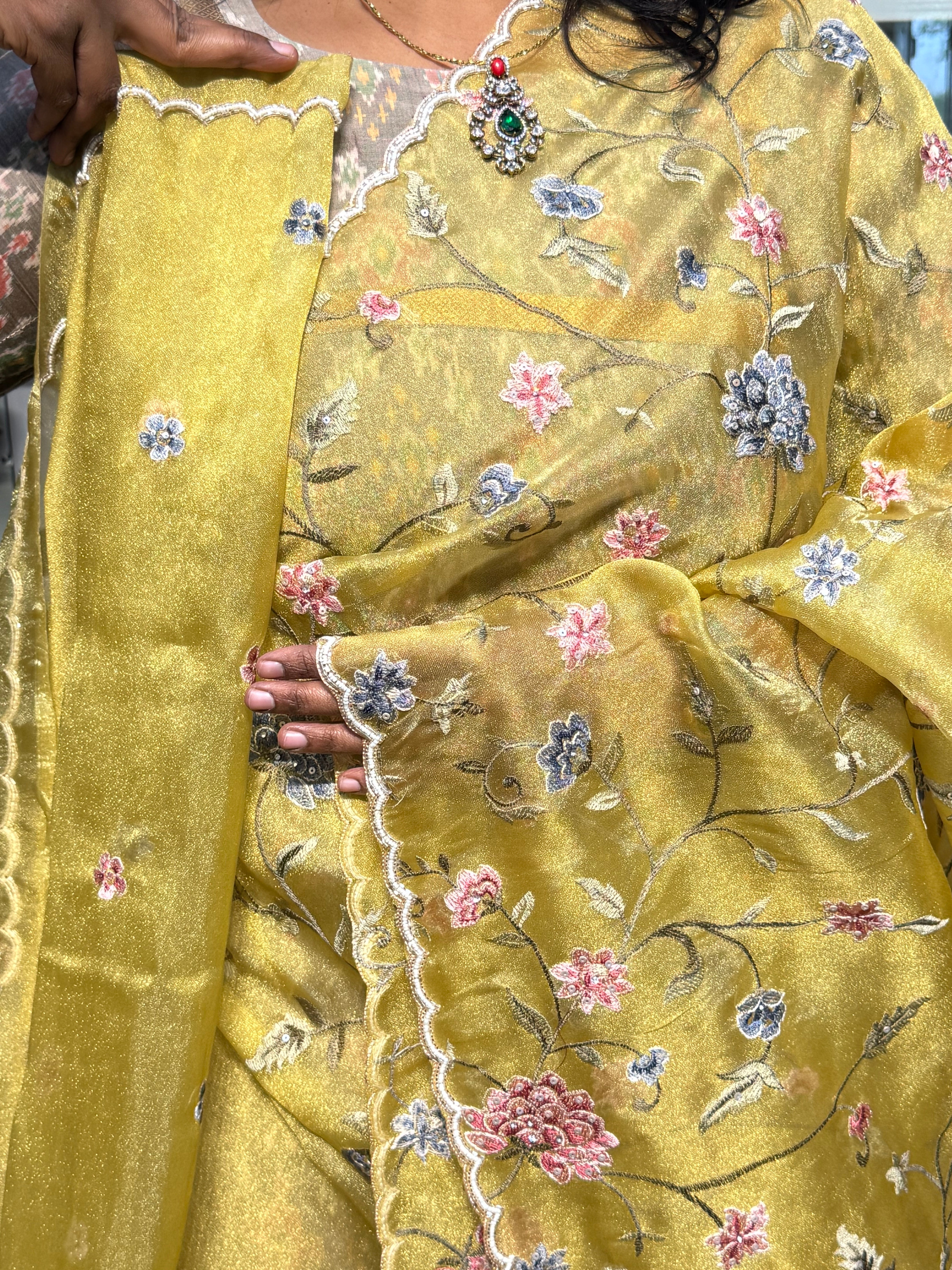 GLASS TISSUE WITH EMBROIDERY ALLOVER AND HAND SCALLOP WORK: METALLIC YELLOW