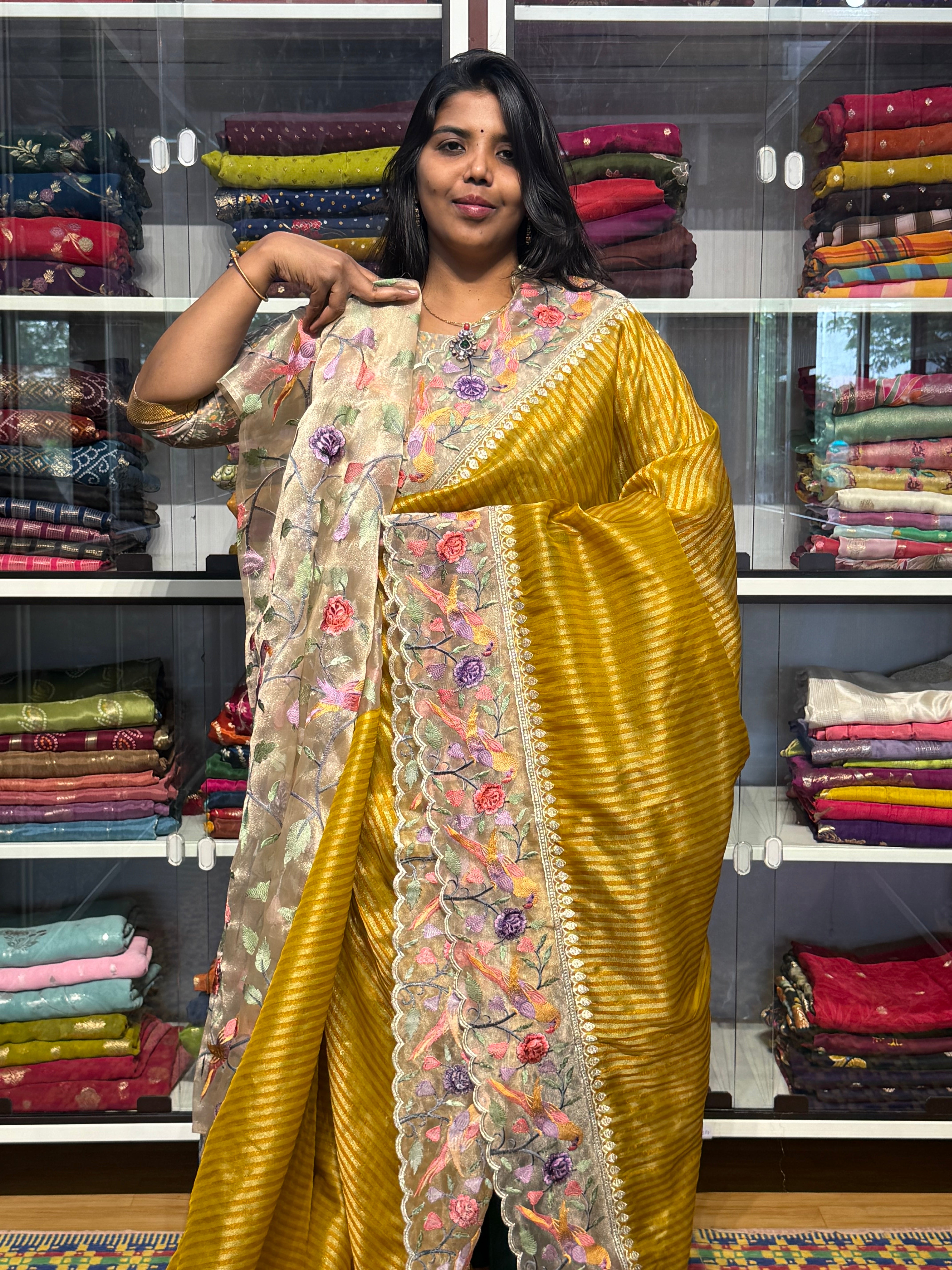 STRIPES PATTERN TISSUE SAREE WITH ORGANZA EMBROIDERY AND SCALLOP: YELLOW