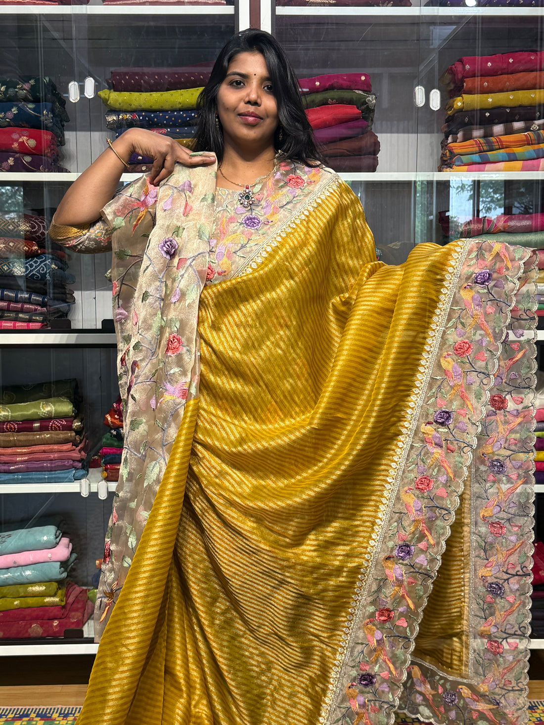 STRIPES PATTERN TISSUE SAREE WITH ORGANZA EMBROIDERY AND SCALLOP: YELLOW