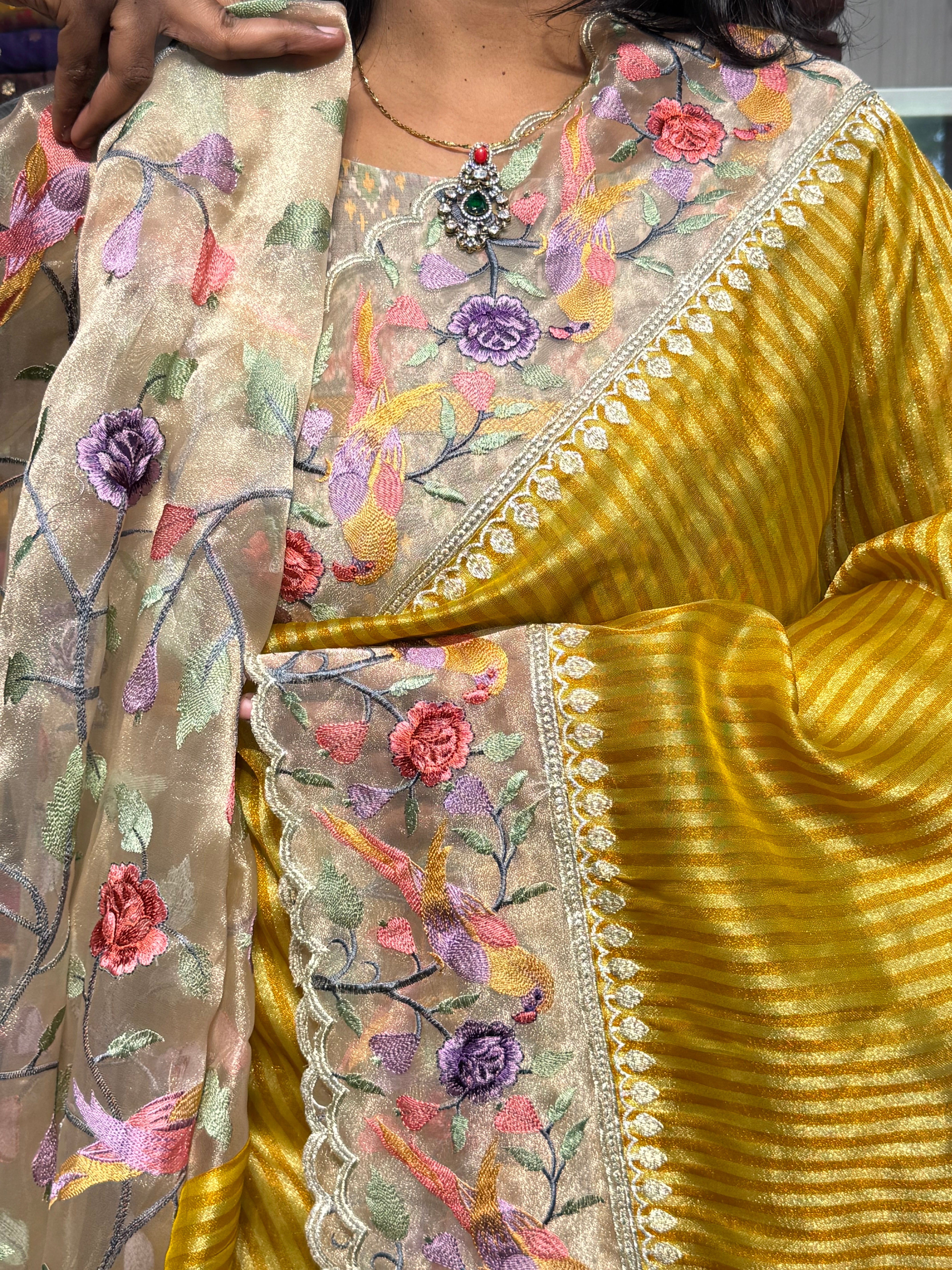 STRIPES PATTERN TISSUE SAREE WITH ORGANZA EMBROIDERY AND SCALLOP: YELLOW