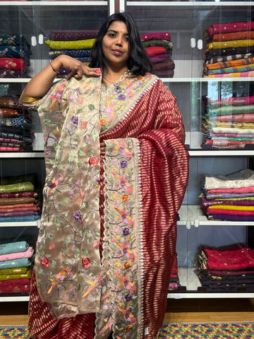 STRIPES TISSUE SAREE WITH ORGANZA EMBROIDERY BORER: MAROON
