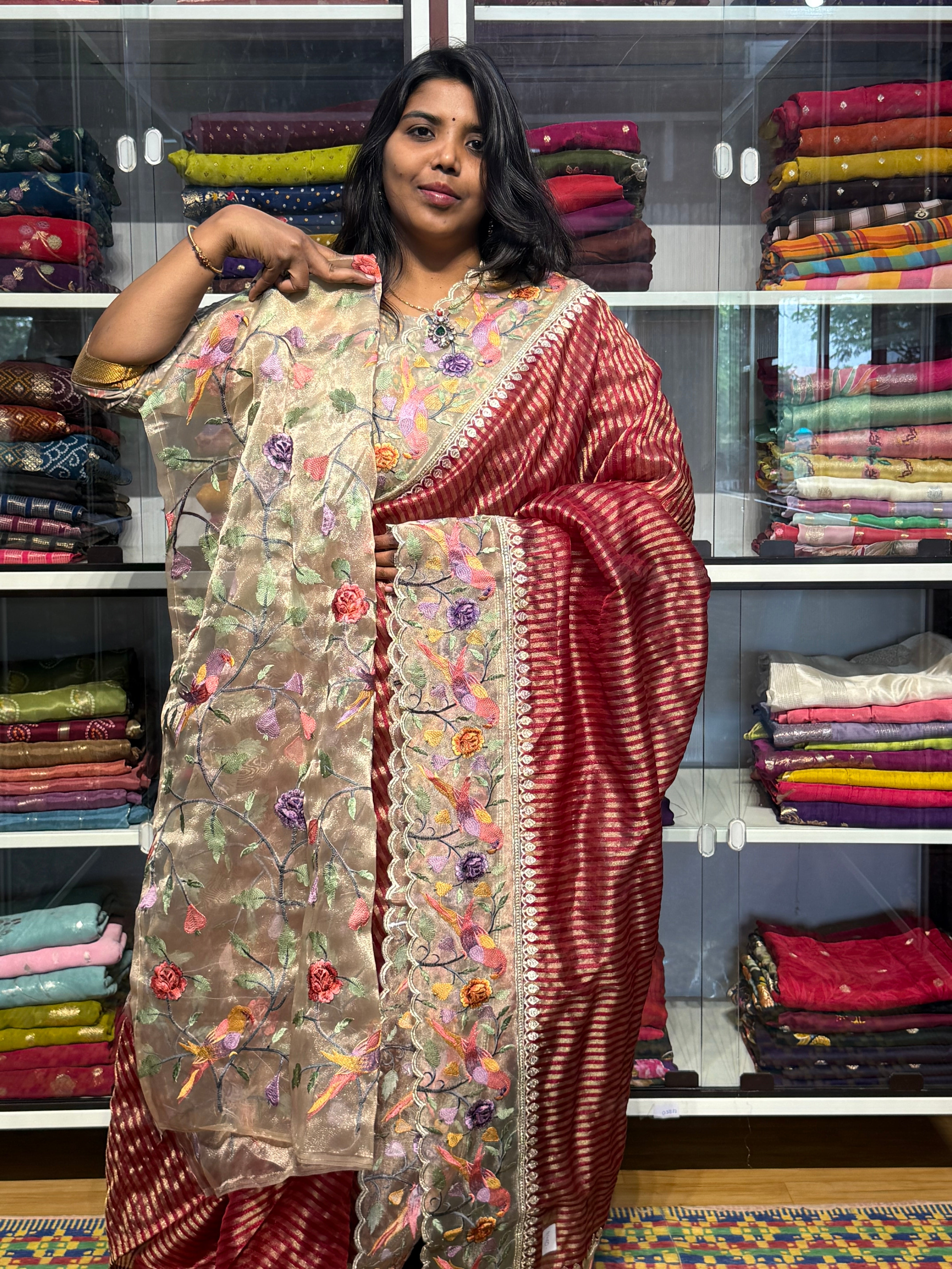 STRIPES TISSUE SAREE WITH ORGANZA EMBROIDERY BORER: MAROON
