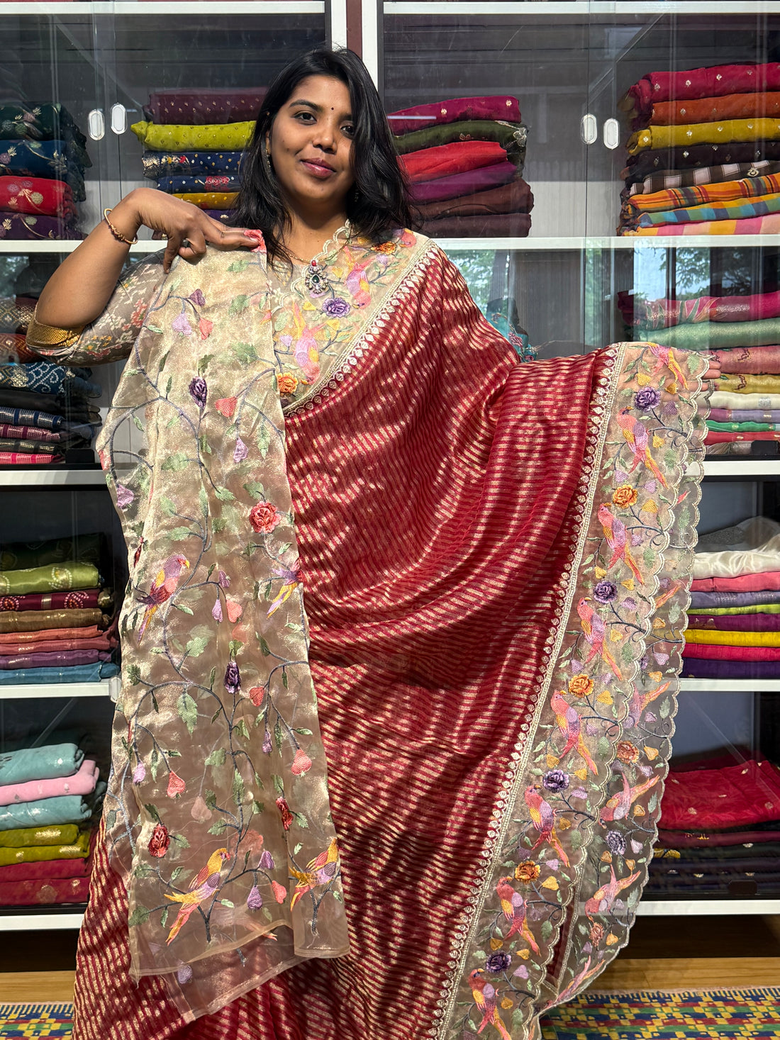 STRIPES TISSUE SAREE WITH ORGANZA EMBROIDERY BORER: MAROON