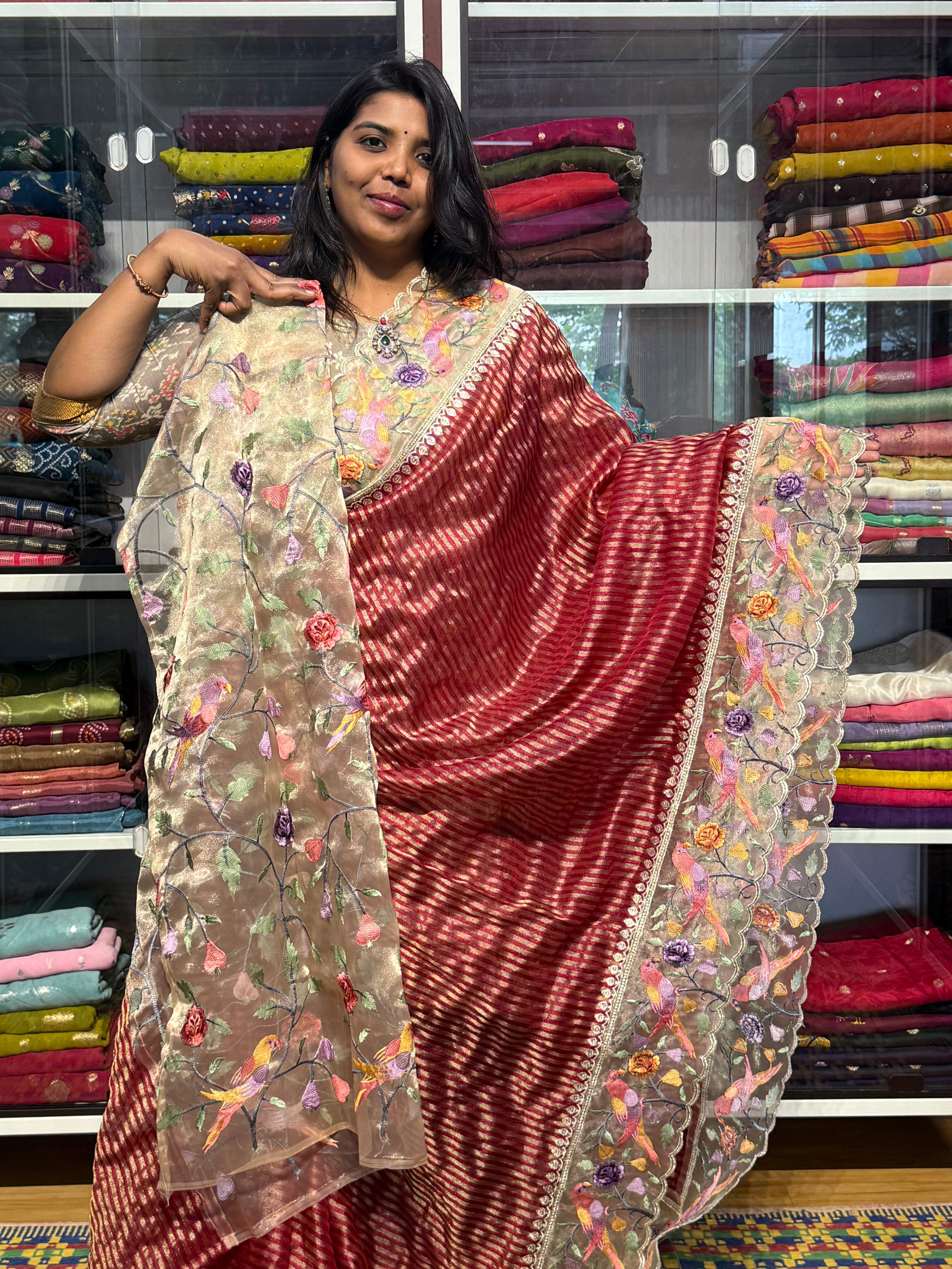 STRIPES TISSUE SAREE WITH ORGANZA EMBROIDERY BORER: MAROON