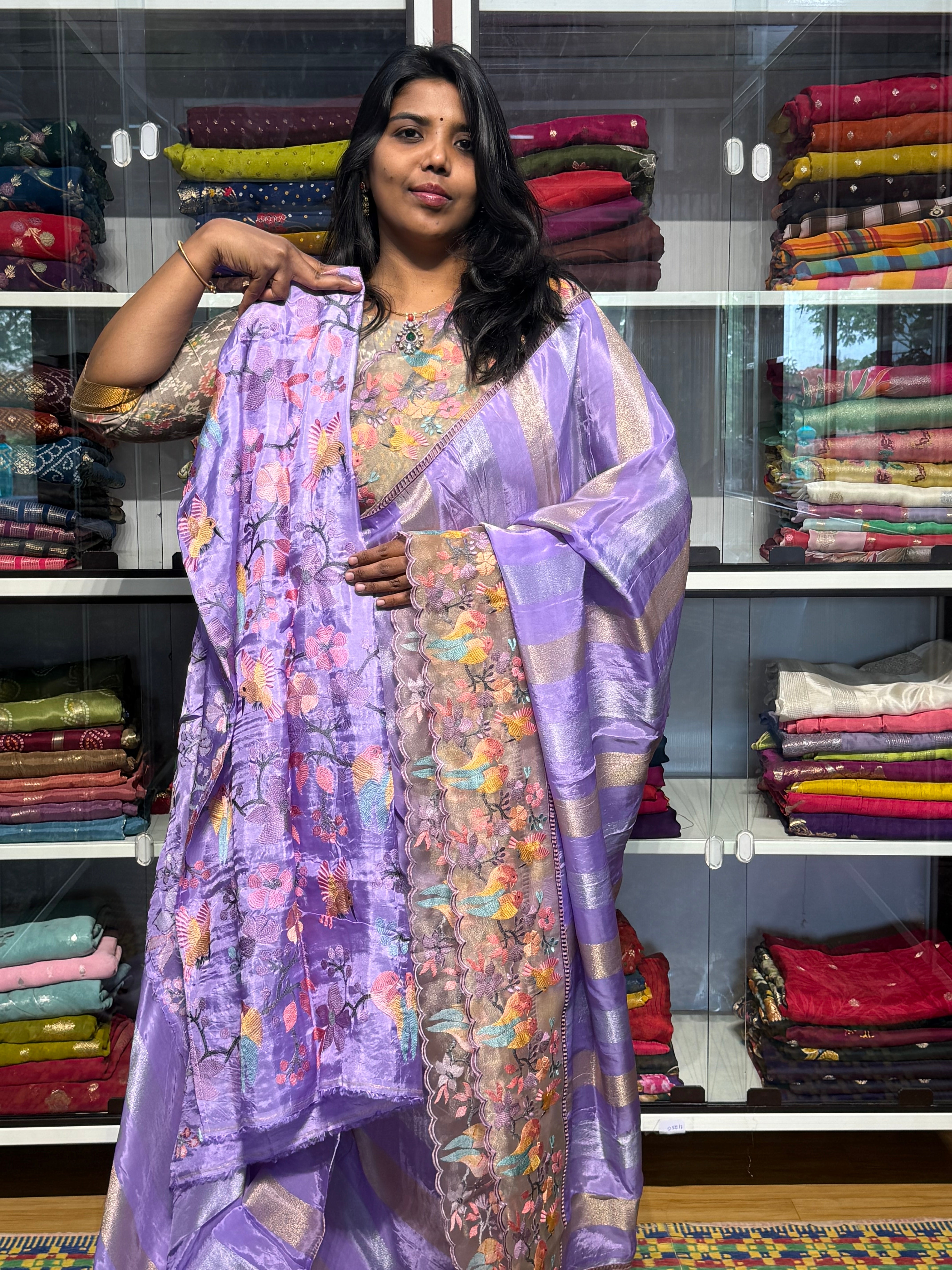 ORGANZA AND TISSUE STRIPES SAREE WITH EMBROIDERY BORDER:LAVENDER