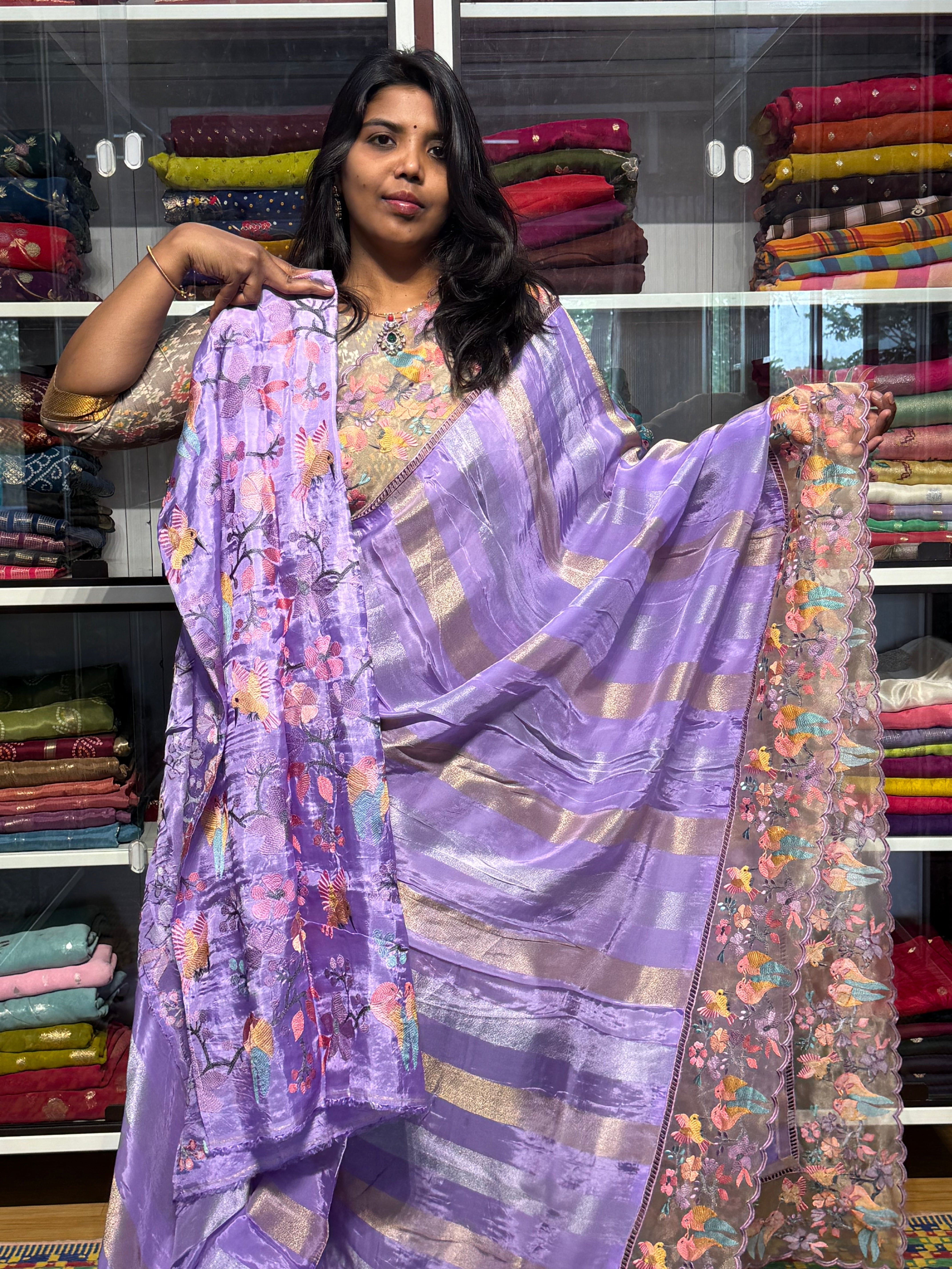ORGANZA AND TISSUE STRIPES SAREE WITH EMBROIDERY BORDER:LAVENDER
