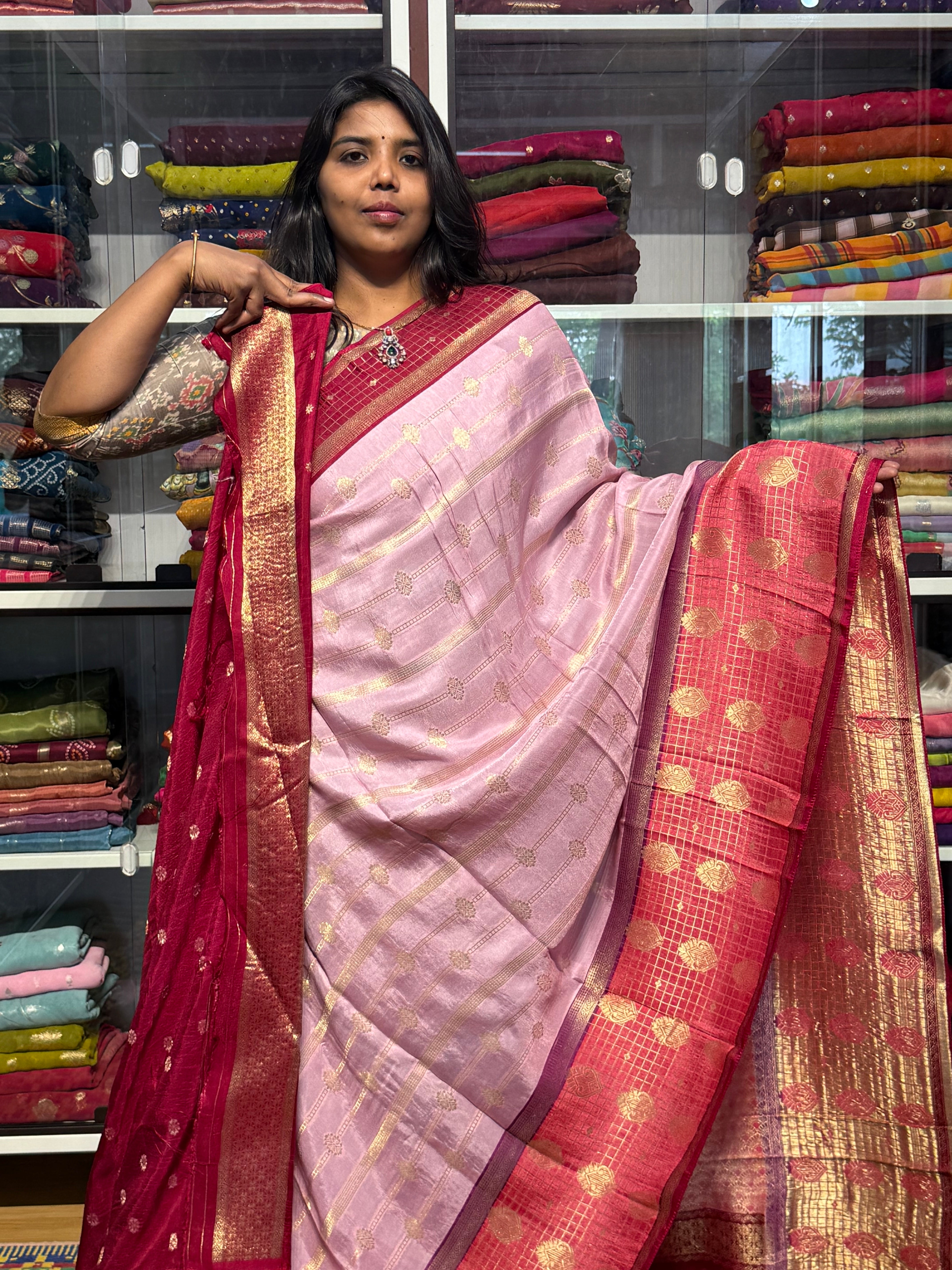 PURE DOLA SILK SAREE WITH CHAP DYE : BABY PINK