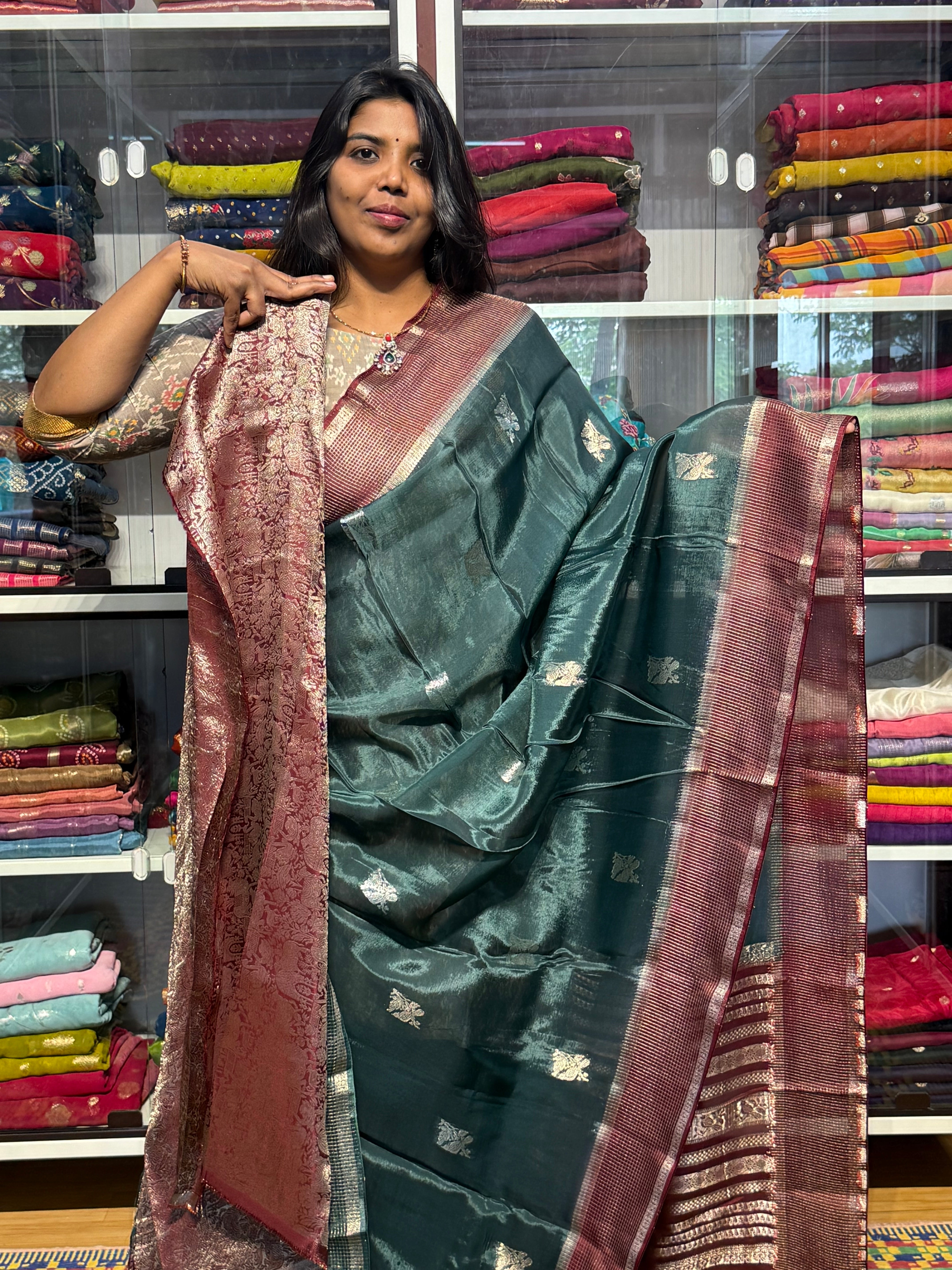 CHINON SILK SAREE WITH CHECKS BORDER: GREEN