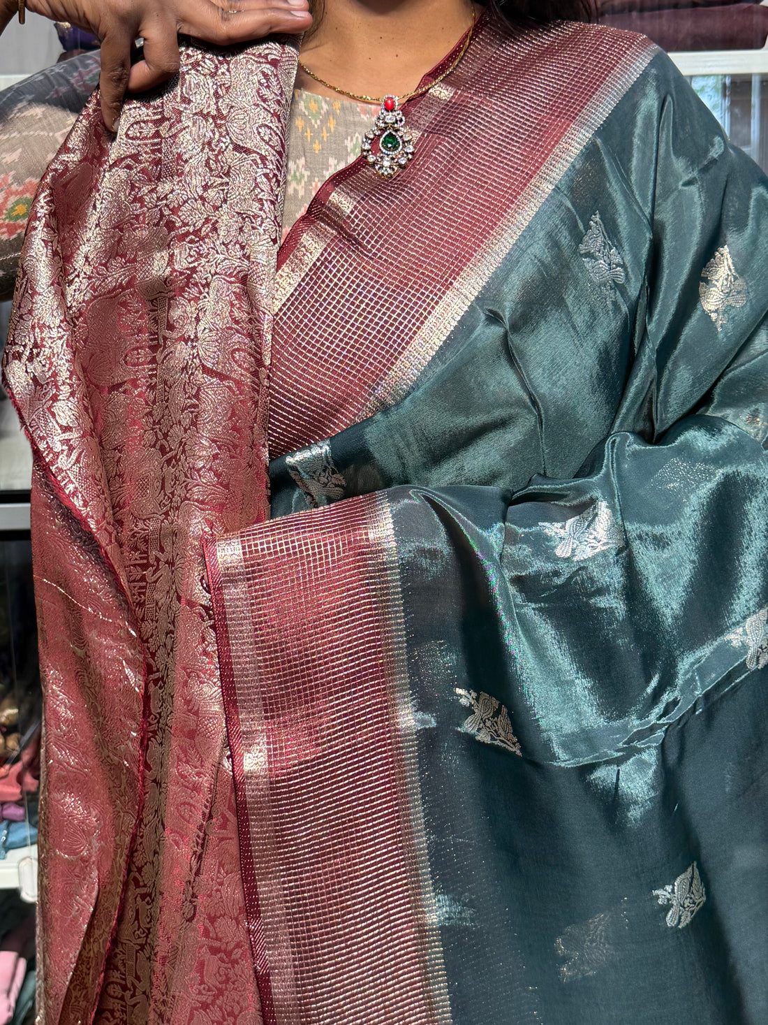 CHINON SILK SAREE WITH CHECKS BORDER: GREEN