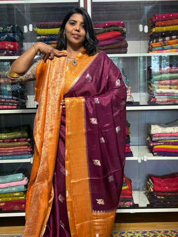 CHINON SILK SAREE WITH CHECKS BORDER: WINE